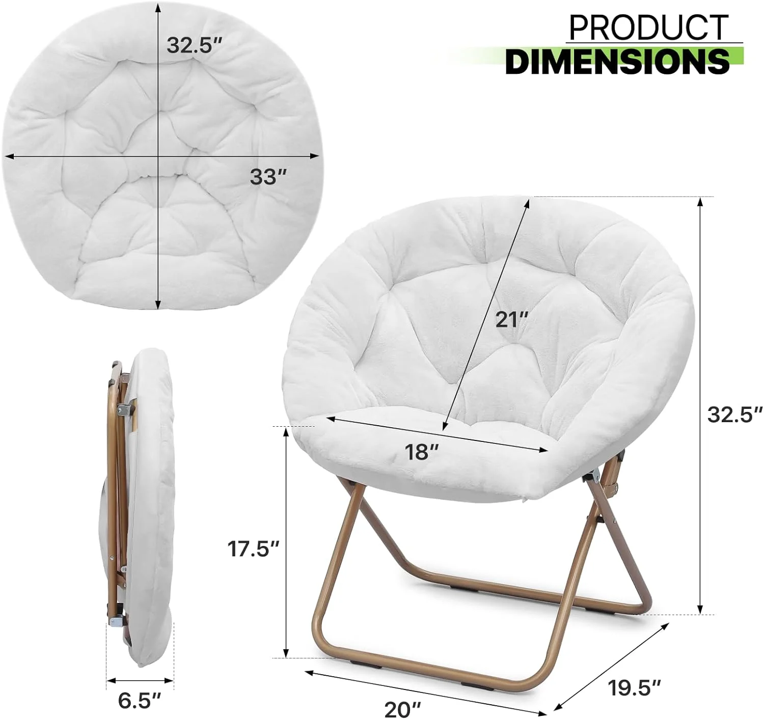 Round Foldable Oversized Moon Saucer Chair for Adults Large Cozy Chair for Bedroom, White