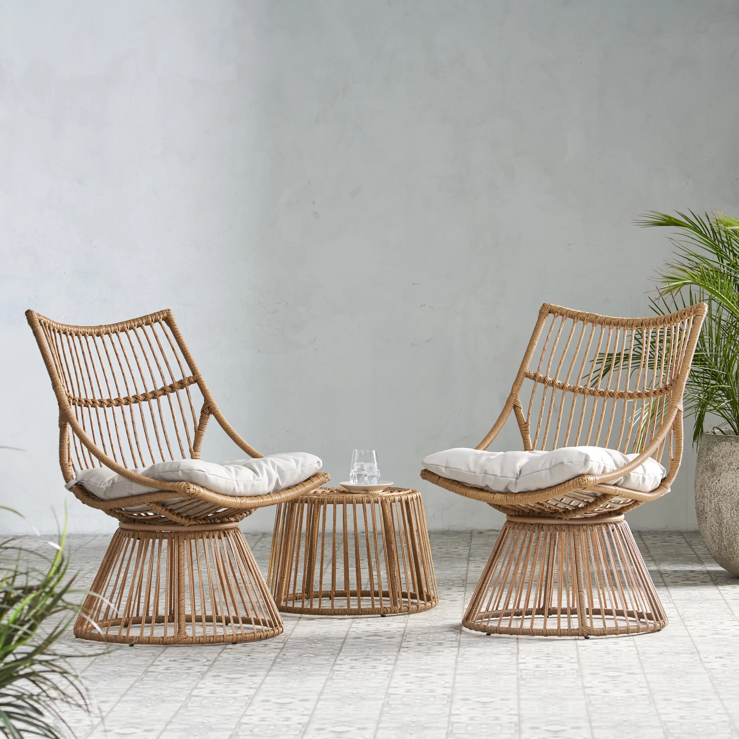 Jabe Wicker Outdoor 2 Seater Chat Set with Cushion, Light Brown and Beige