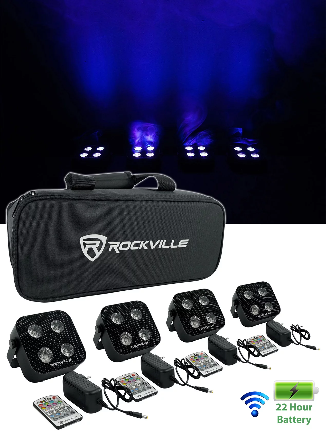 Rockville 4 PACK MINI RF4 Black DJ Par Lights+Bag+Remotes+Wireless DMX Control