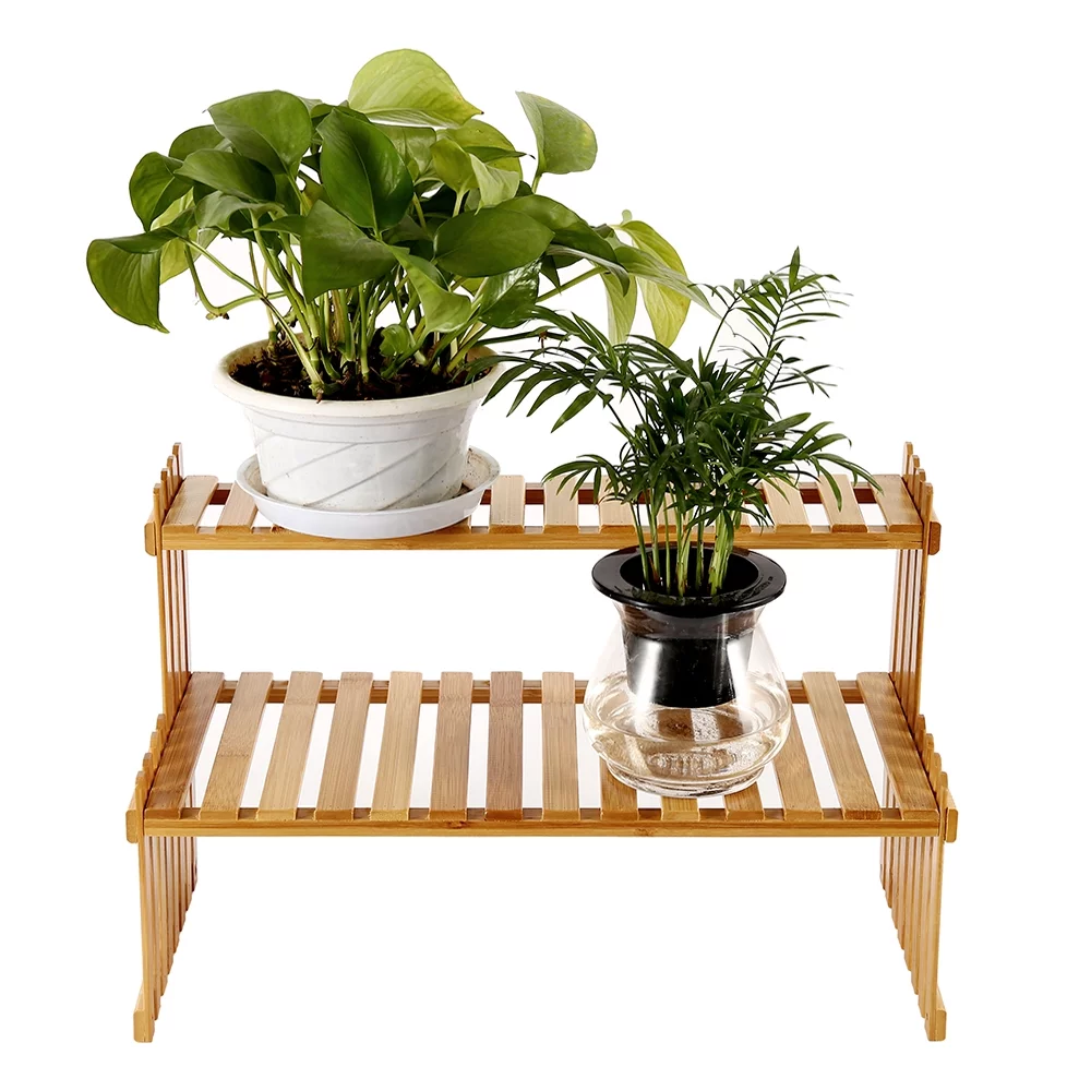 ODOMY Tabletop Natural Bamboo Plant Stand-2 Tier Desktop Shelf Rack