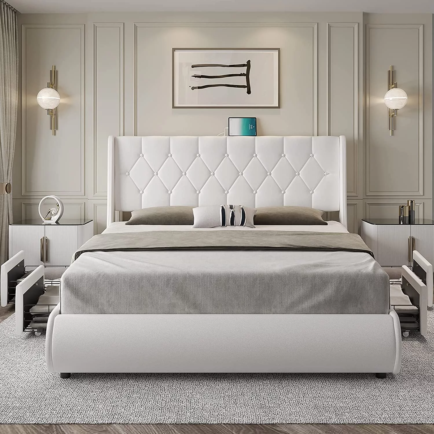 Queen Bed Frame ，Modern White Button Tufted Faux Leather Upholstered Low Profile Platform Bed Frame With Wingback Headboard ，USB Ports 4 Drawers Storage, White