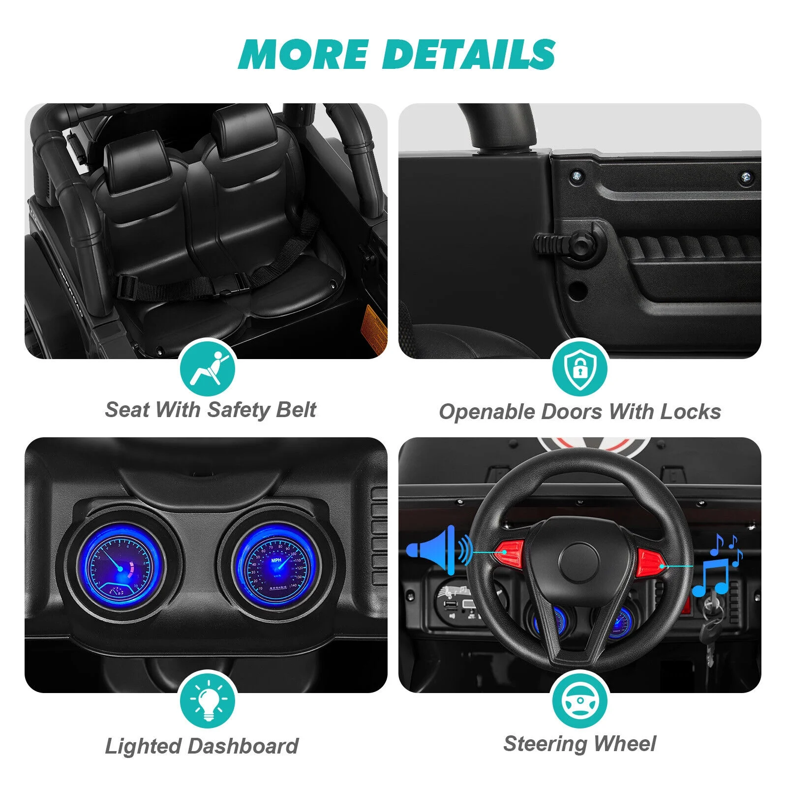 12V Kids Ride On Truck Electric Car with DIY Stickers, Bluetooth, Remote Control, MP3 Player, LED Lights (Black)