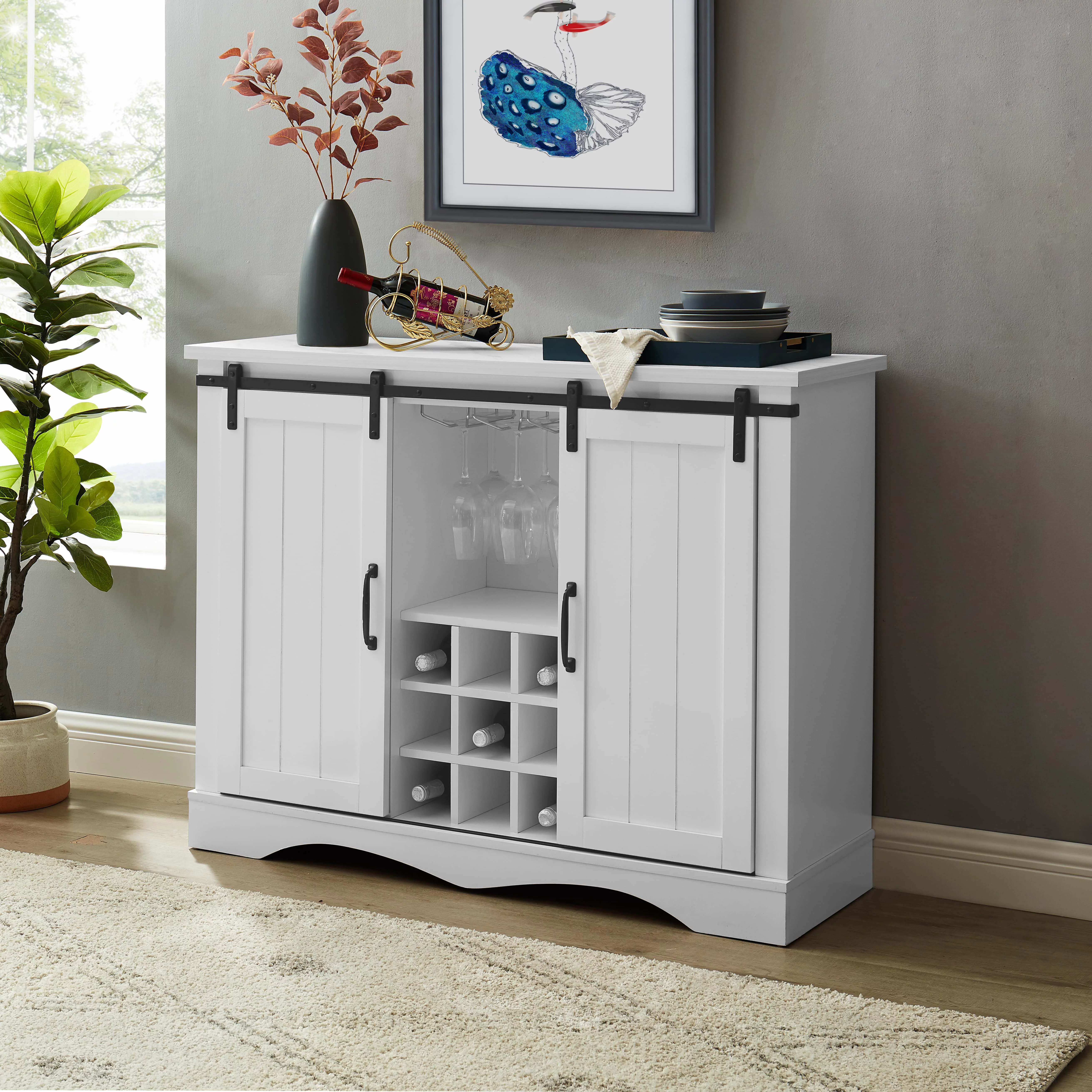 FESTIVO 47 in. White Wood Buffet Bar Cabinet with Barn Door with Marbling Pattern Countertop