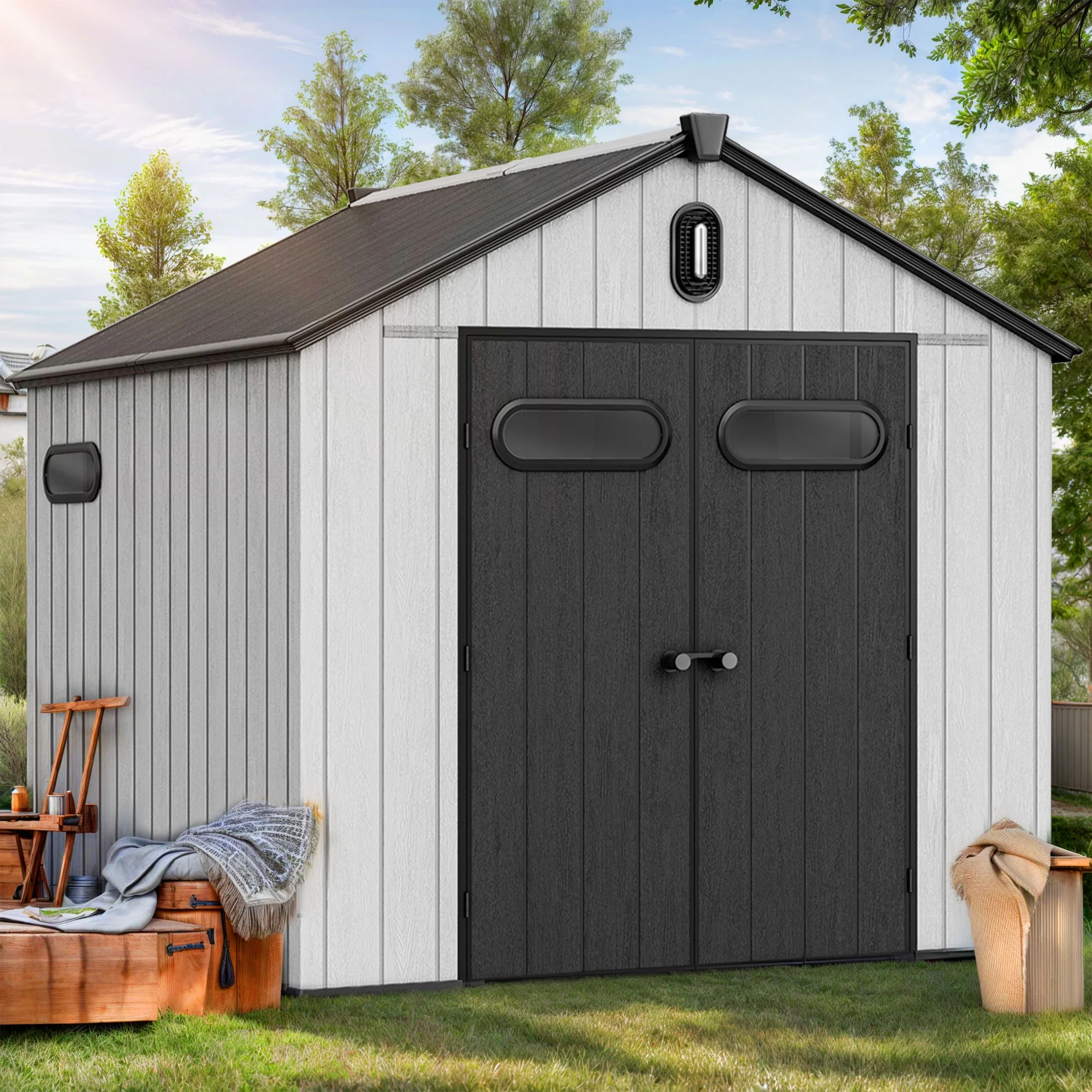 ModFusion 8x8 Ft Improved Natural Light, Outdoor Resin Storage Shed, 2 Door with Lock, Floor, Gable Roof, Windows, Air Vent, for Bike, Trash Can, Gray
