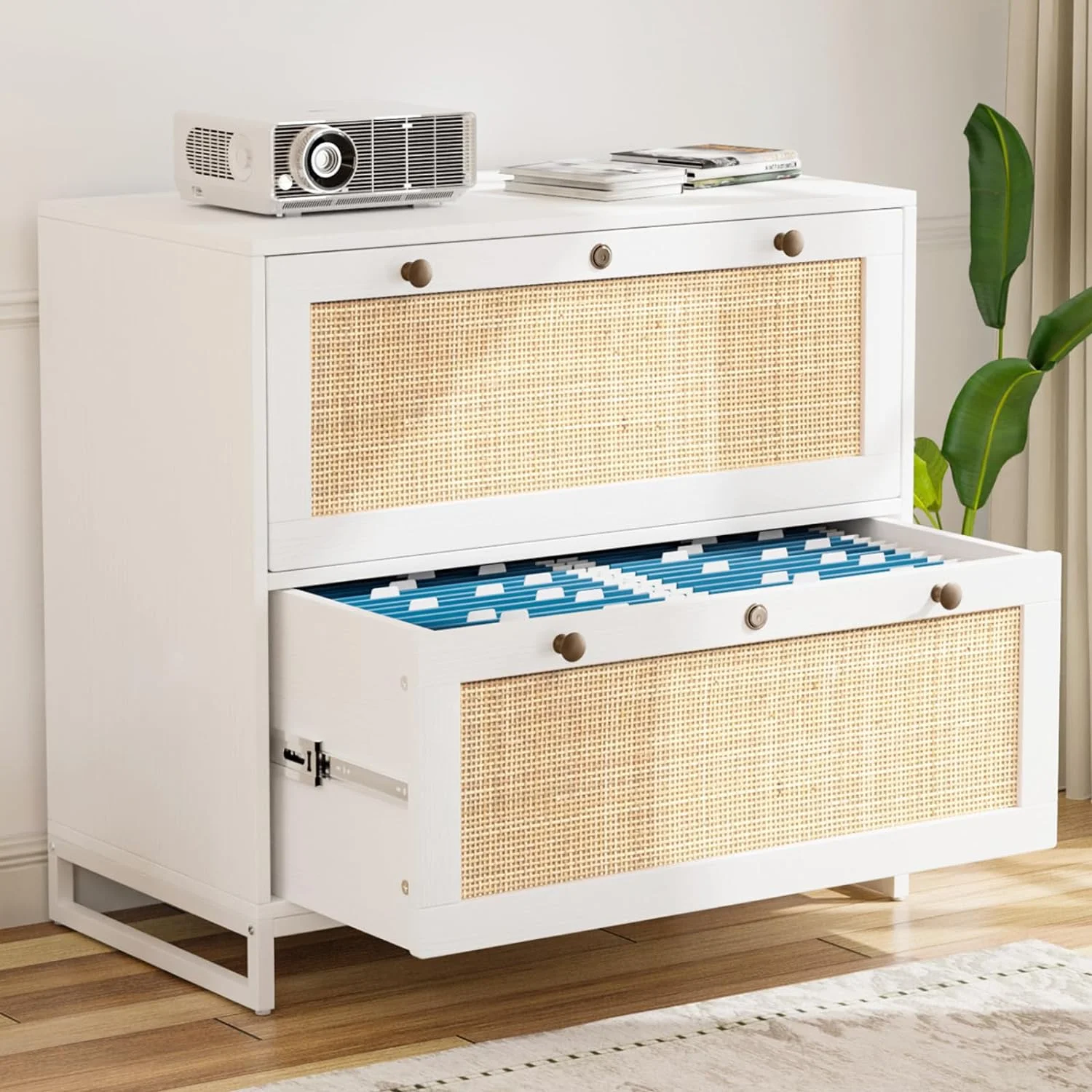 U-ToBe White & Natural Rattan 2 Drawer Lateral File Cabinet with Lock, Wood Locking File Cabinets for Home Office, File Cabinet Printer Stand for Hanging Letter/Legal Size Folders, 30W x 16D x 28H