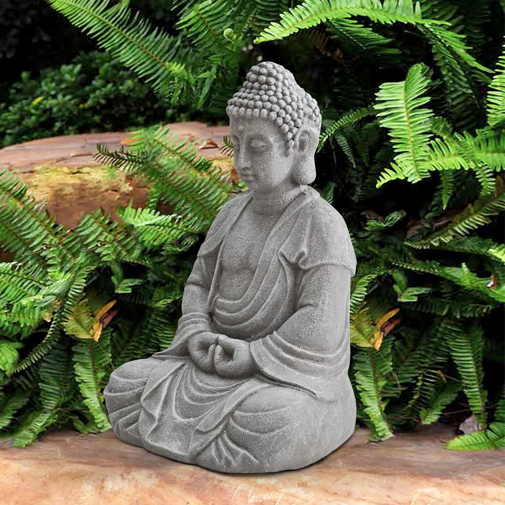 Sunjoy Buddha Statue 14.17 in. L x 11.42 in. W x 20.08 in. H  Large Sized Buddha Garden Statue Gray Decorative Outdoor Buddha Statue