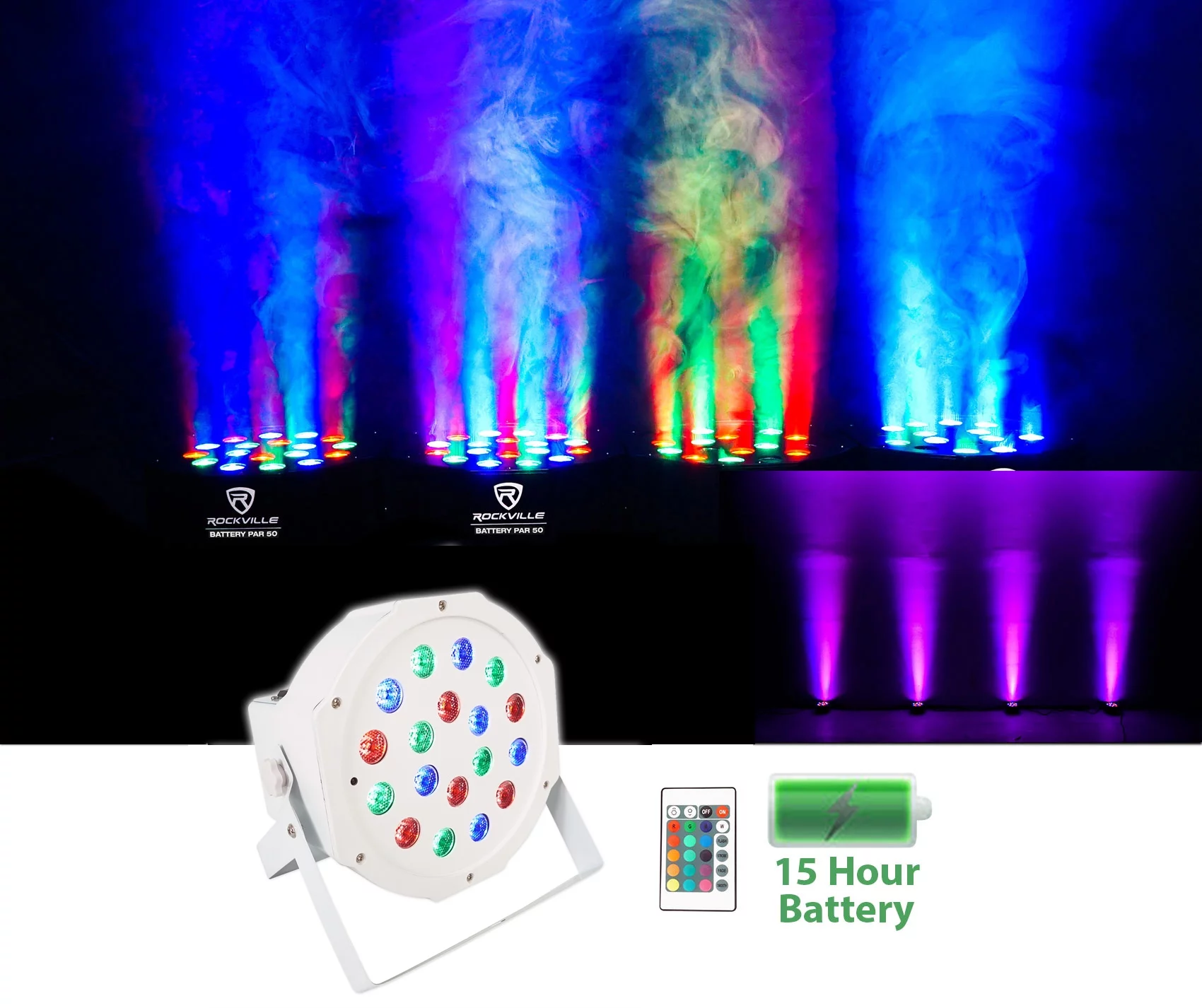 (2) Rockville 8 Ft. Totem Stands+DJ Facade+(4) Battery Powered Wash Up-Lights