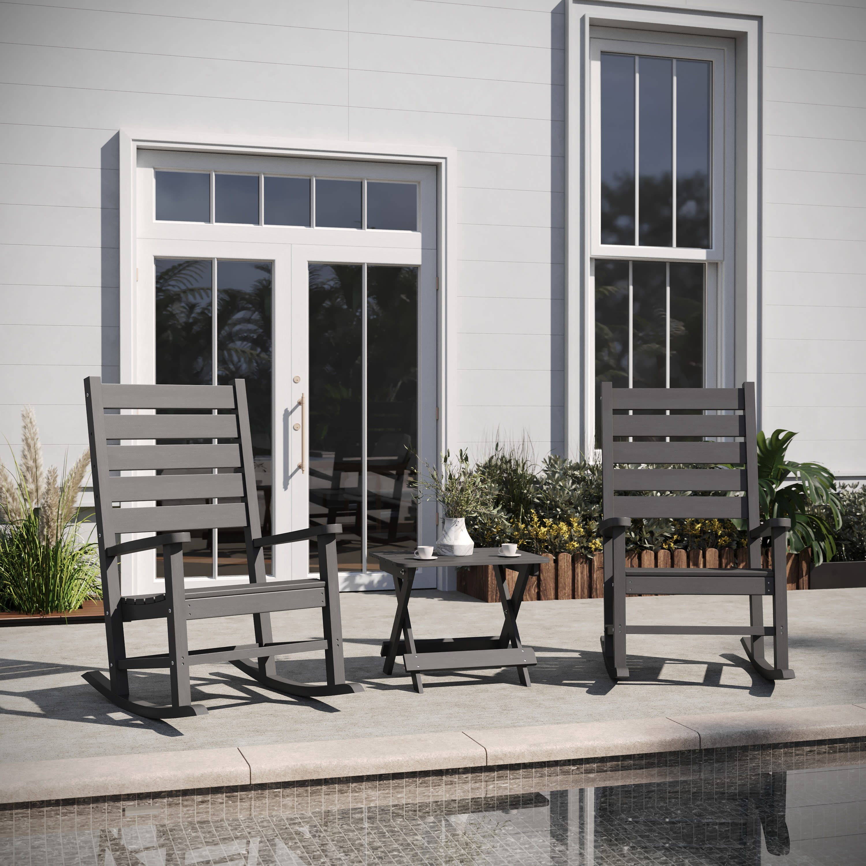 Flash Furniture Commercial Grade 3-Piece Indoor/Outdoor Set with 2 Contemporary All-Weather HDPE Rocking Chairs and End Table in Gray