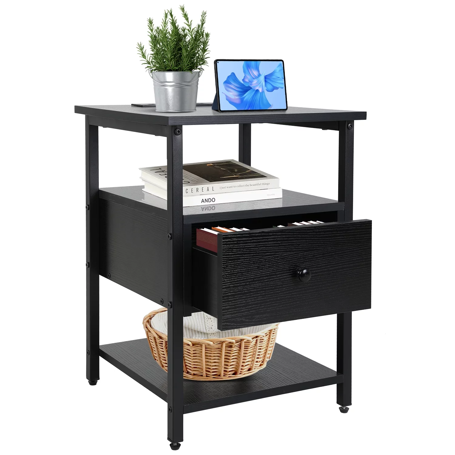 CL.HPAHKL Nightstand with Charging Station and USB Ports, Side End Table with Drawer, Open Shelf, Vintage Rustic Narrow Bedside Tables Night Stand Storage Shelf, Bedroom, Living Room, Black