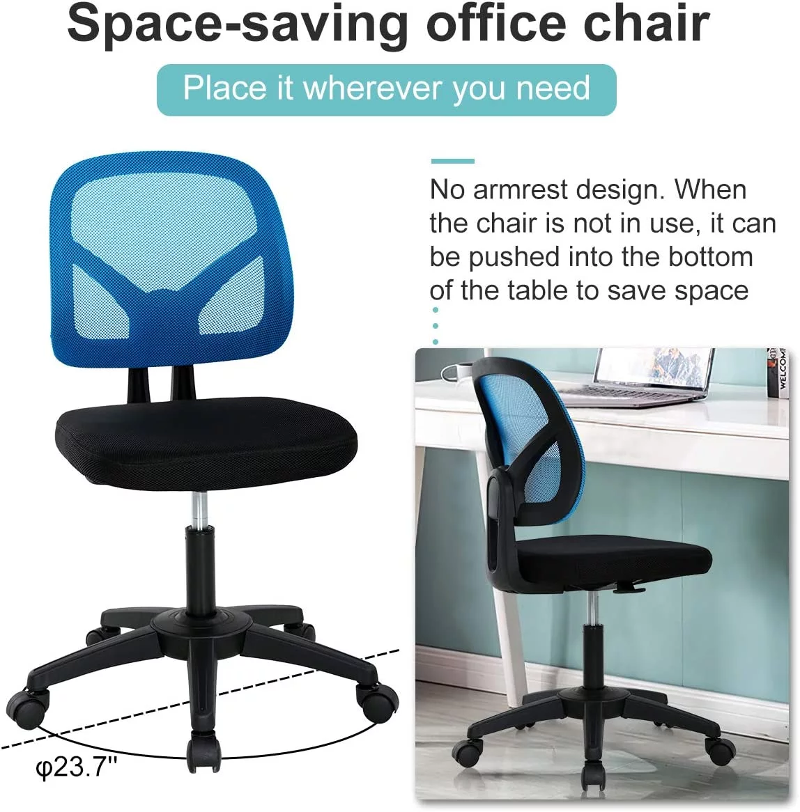 Mesh Office Chair No Arms Swivel Desk Chairs Adjustable Height Computer Chair Swivel Task Chair with Curved Square Back, Seat Width 18.3 inch, Blue