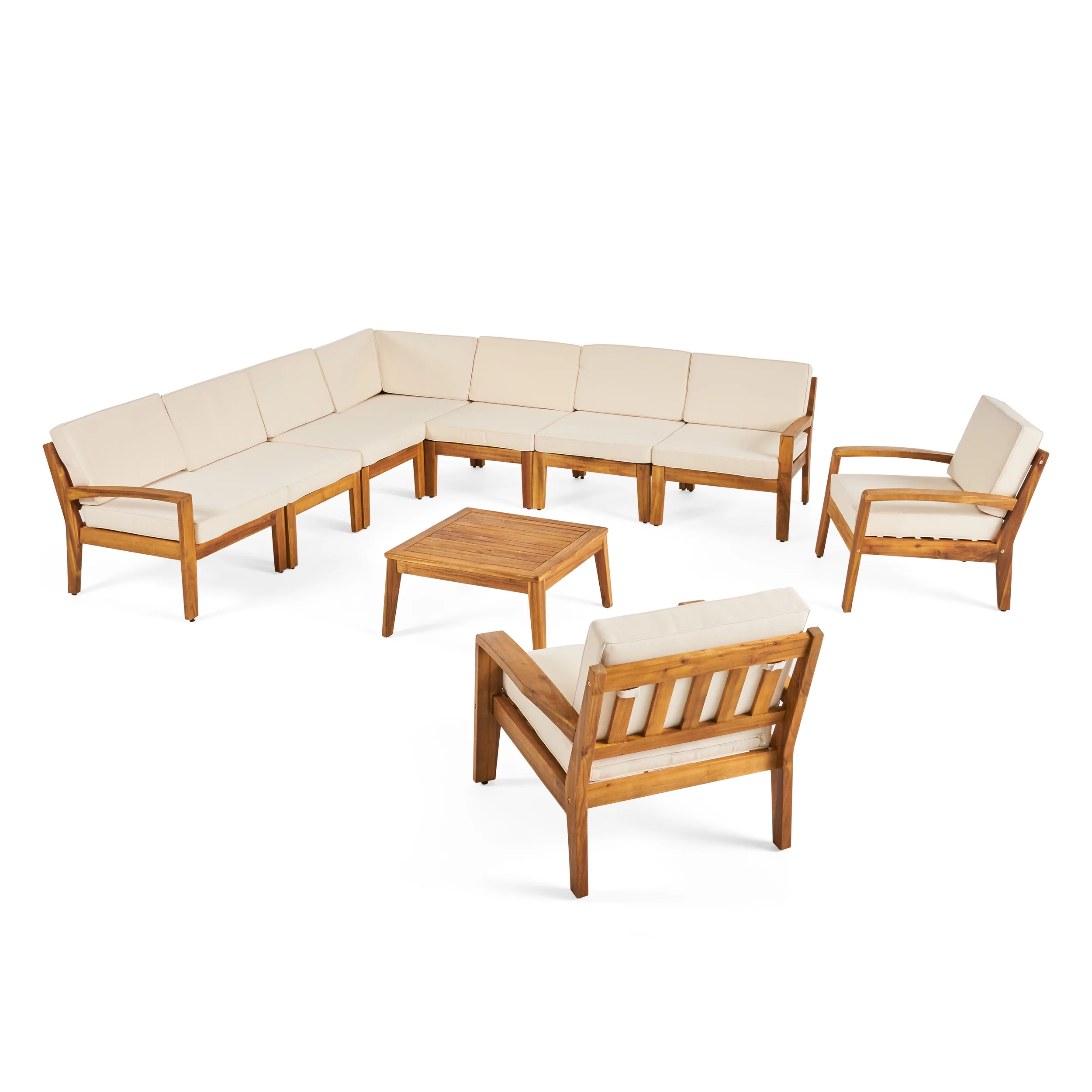 GDF Studio Parma Outdoor Acacia Wood 9 Seater Sectional Sofa Chat Set with Cushions, Teak and Beige