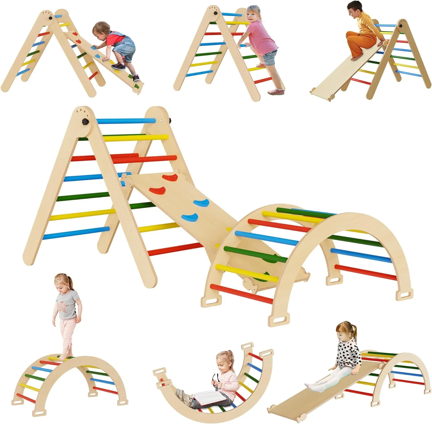 Climbing Toys for Toddlers Indoor: 5 in 1 Pikler Triangle Gym, Montessori Foldable Climber with Ramp for Kids, Jungle Gym with Sliding Ramp and Climbing Arch Ramp, Easy to Install