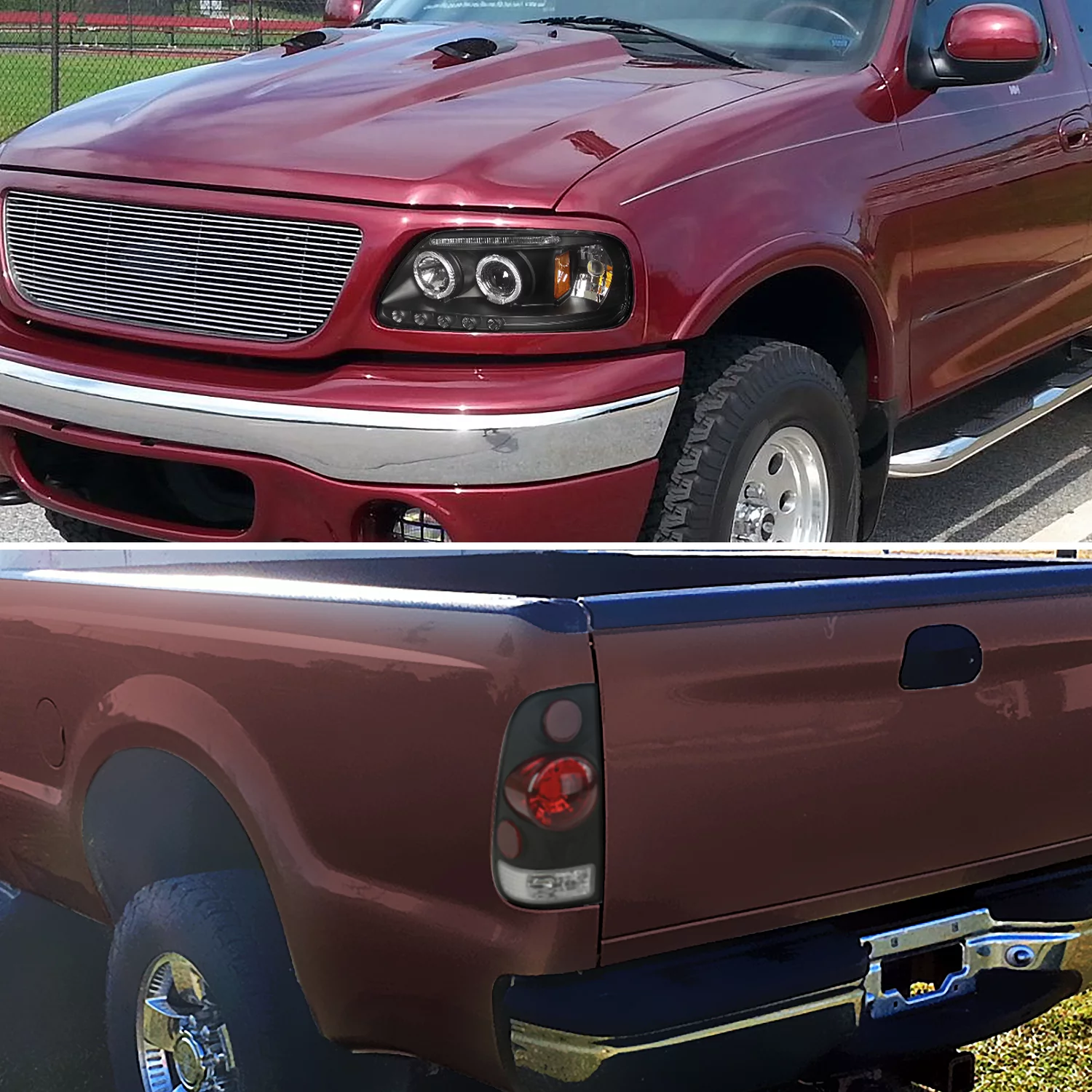 Spec-D Tuning LED Halo Euro Black Projector Headlight + 3D-Style Tail Brake Lamps Compatible with 1997-2003 Ford F150 Left + Right Pair Headlamps Assembly