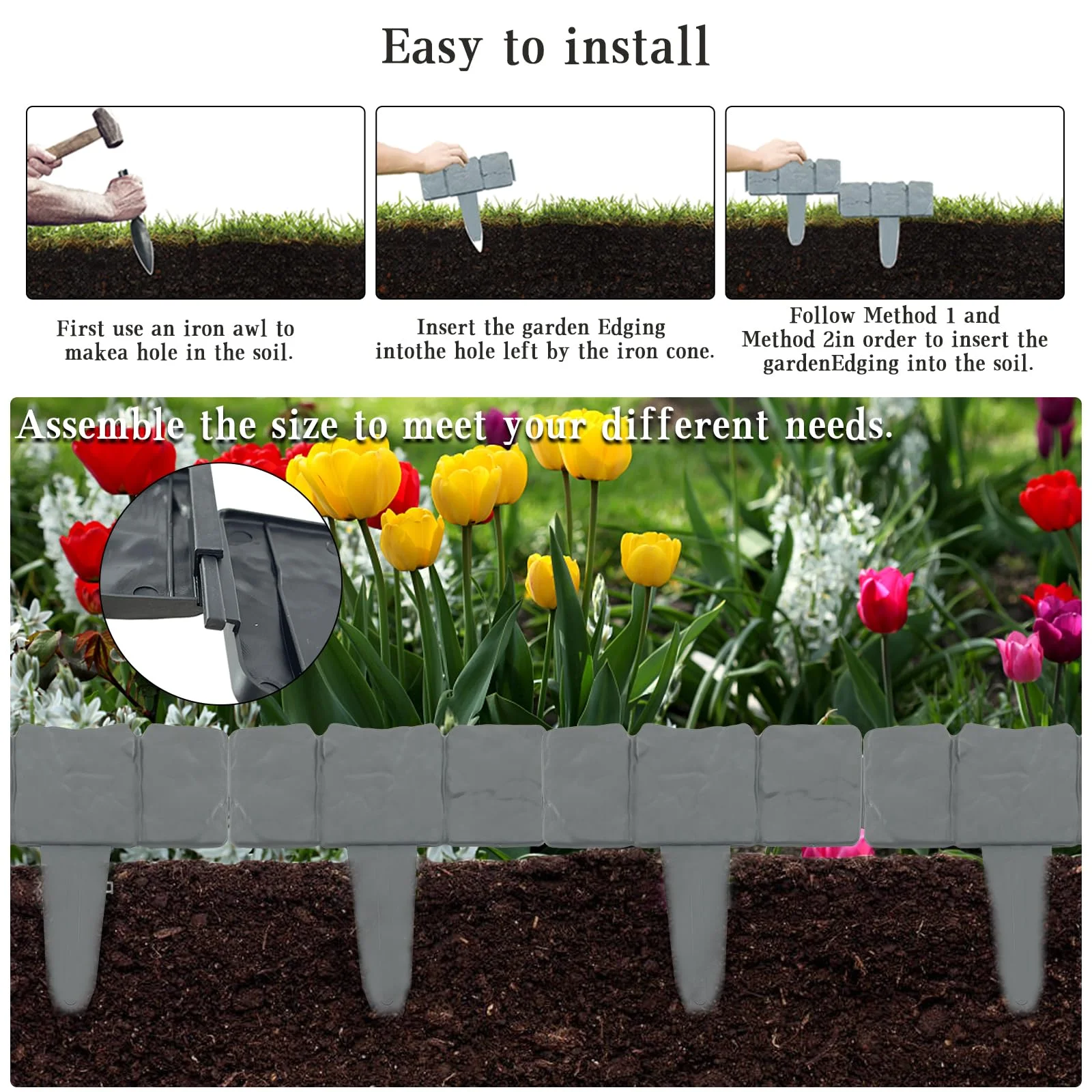 DSTESS Garden Edging Border, 32ft Landscaping Border Edging for Flower Bed Edging Borders, Garden Landscape Edging Borders for Flower Bed, Garden Borders and Edging for Landscaping, Gray 40 Pcs