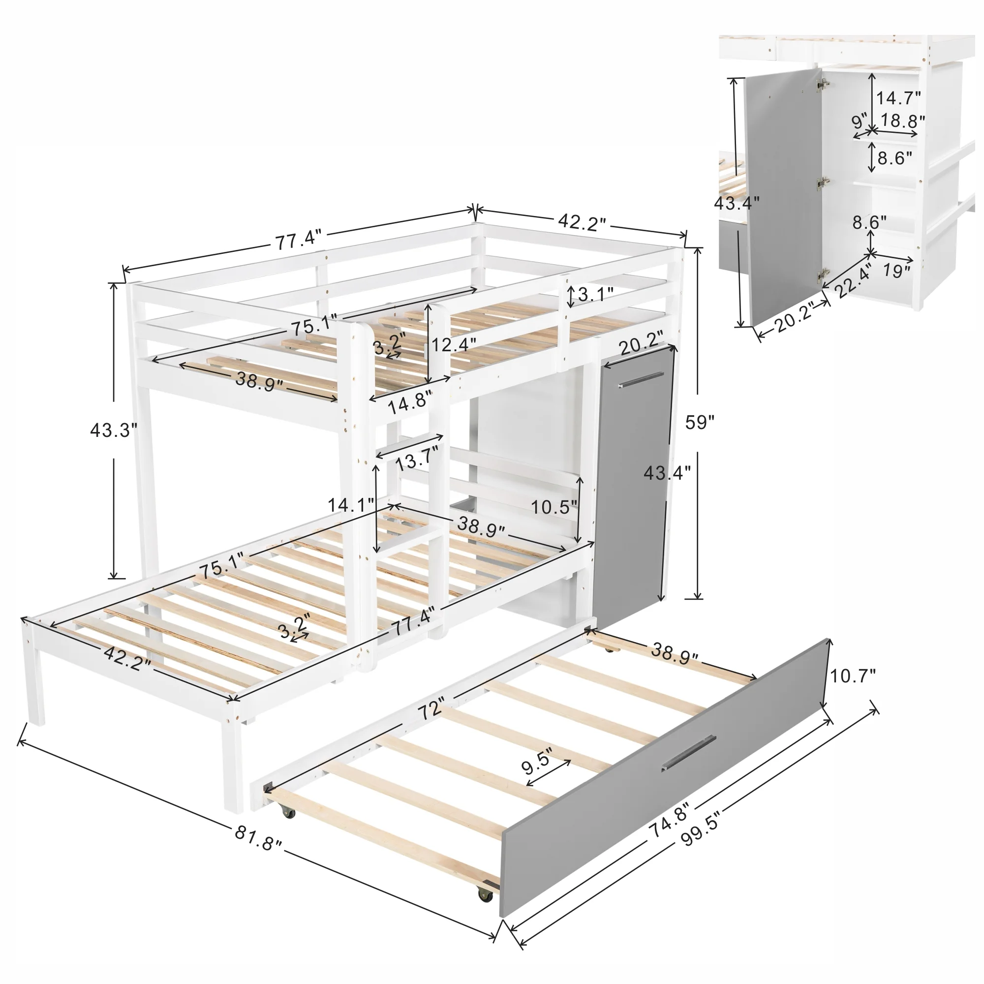 Twin over Twin Bunk Bed with Cabinet and Trundle, White