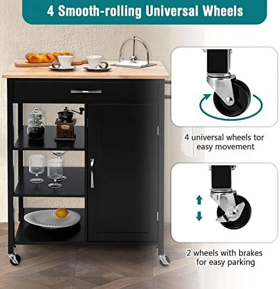 GVJMTKP Kitchen Island with   Rolling Kitchen Cart with Towel Rack   Drawer  and 3-Tier Open Shelves  Kitchen Island on Wheels with Rubber Wood Top  34.5 x 18.5 x 36.5 Inches (Black)