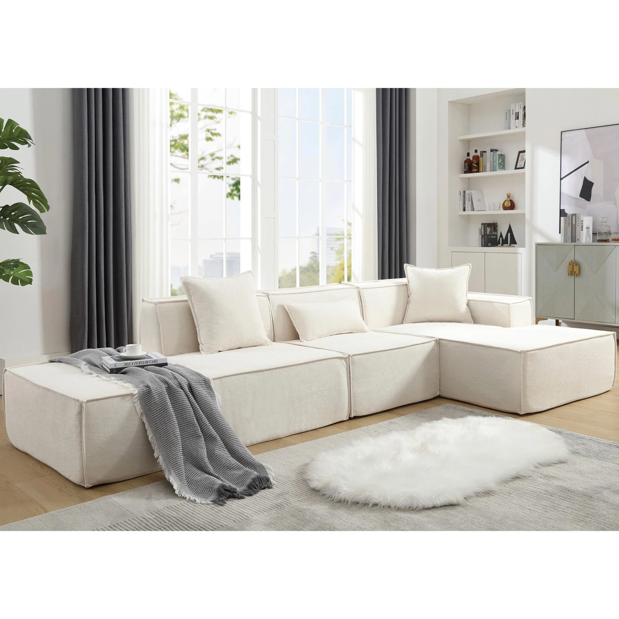 L-Shaped Sectional Couch with Chaise Lounge, Atumon Corner Couch, Modern Sectional Chenille Upholstered Sofa Furniture, L-Shaped Sectional Couch for Living Room Office Apartment, Beige
