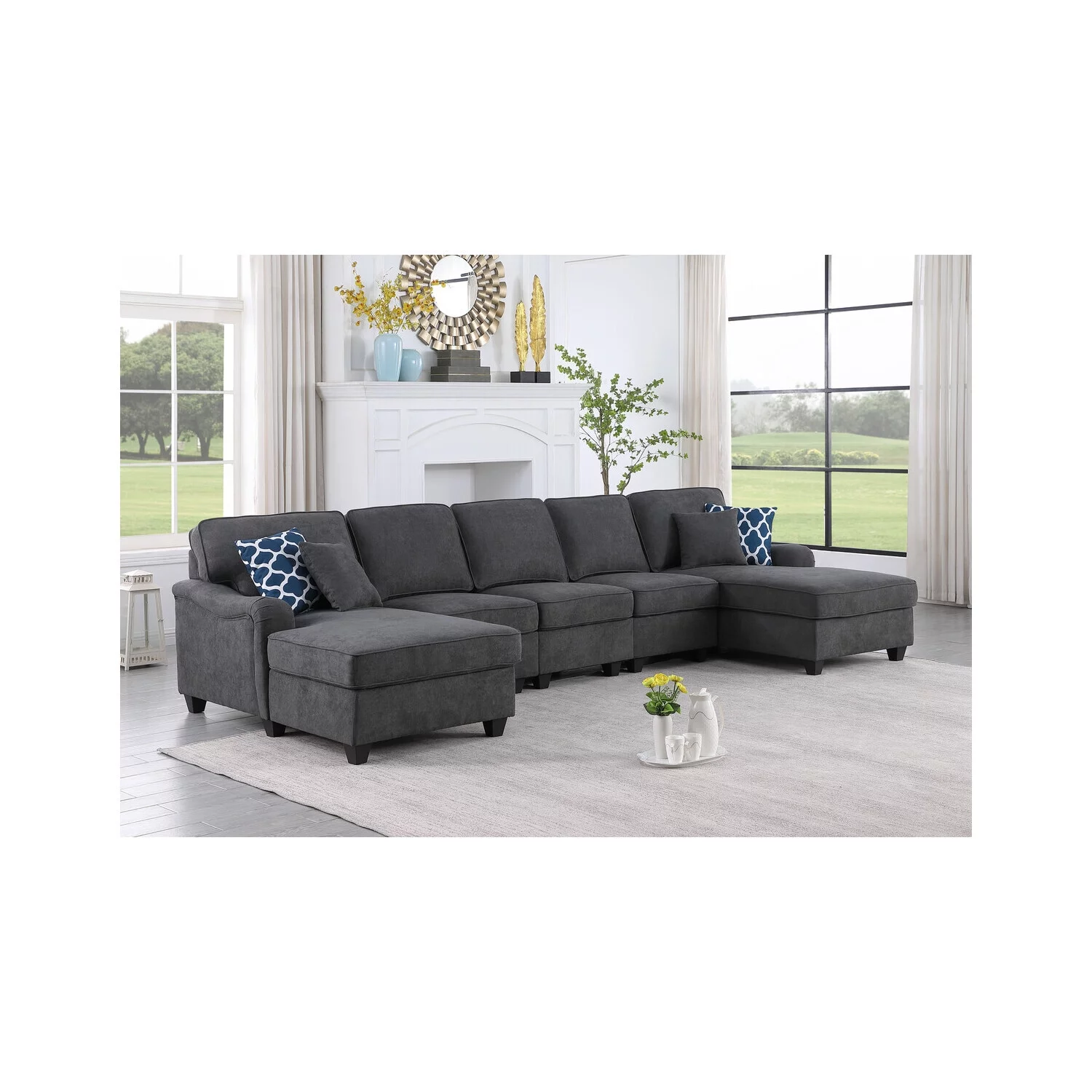 Homestock Asian Aesthetics Dark Gray Woven Double Chaise 5Pc Modular Sectional Sofa