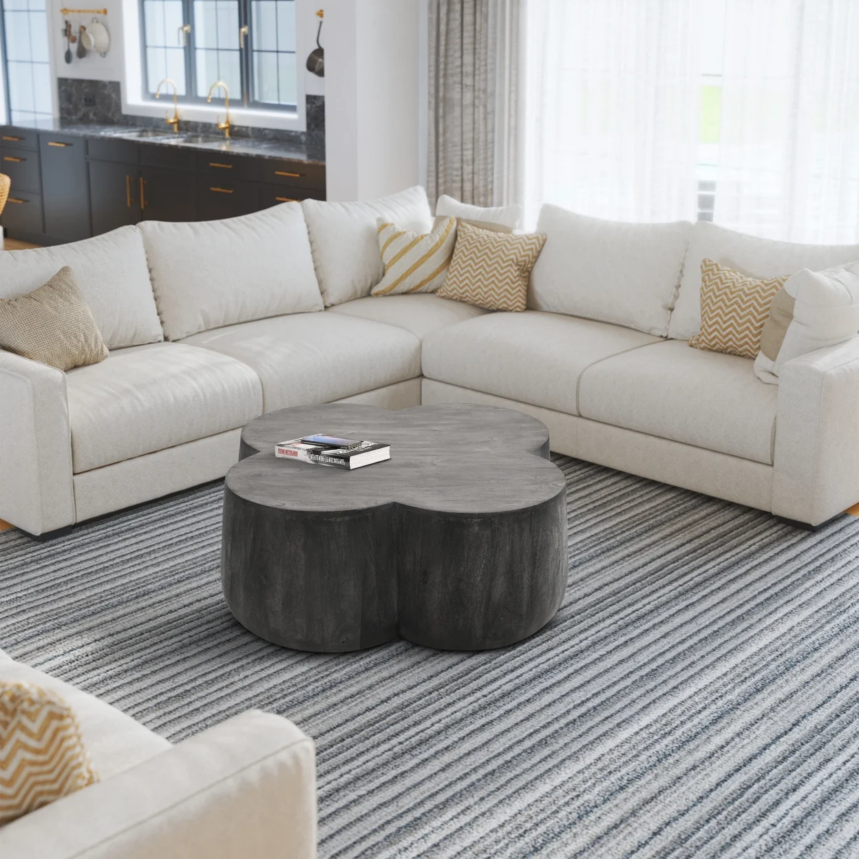 36 Inch Artisanal Classic Coffee Table Clover Leaf Drum Shaped Mango Wood Frame Gray - Saltoro Sherpi