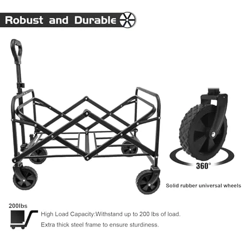 Collapsible Foldable Wagon,Beach Wagon Cart Heavy Duty with Wheels Foldable,Utility Folding Grocery Wagon for Camping Sports Outdoor Activities(Black)