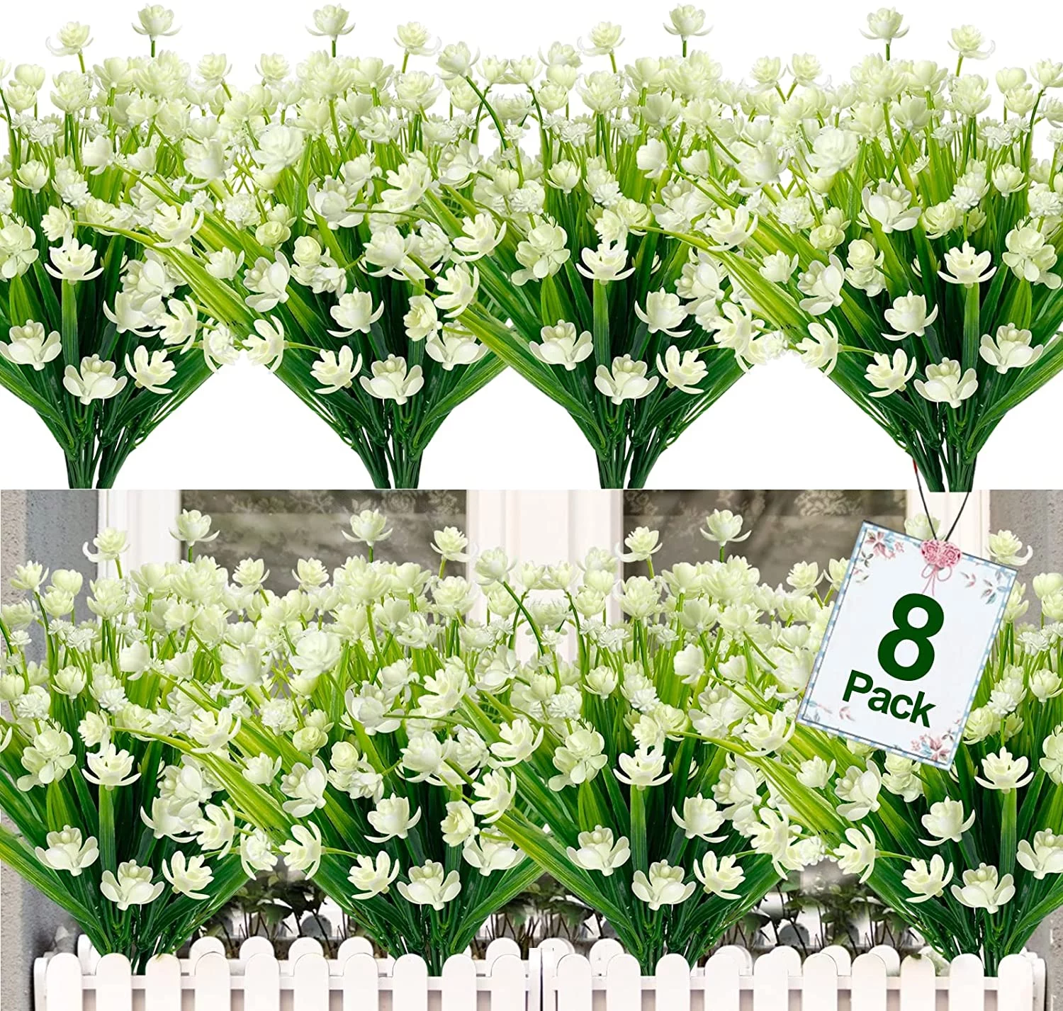 Morttic 8Pcs Artificial Flowers Outdoor UV Resistant Fake Flowers,Faux Plastic Flower Greenery Shrubs Plants for Indoor Outside Planter Home Garden Window Box Porch Decor( White)