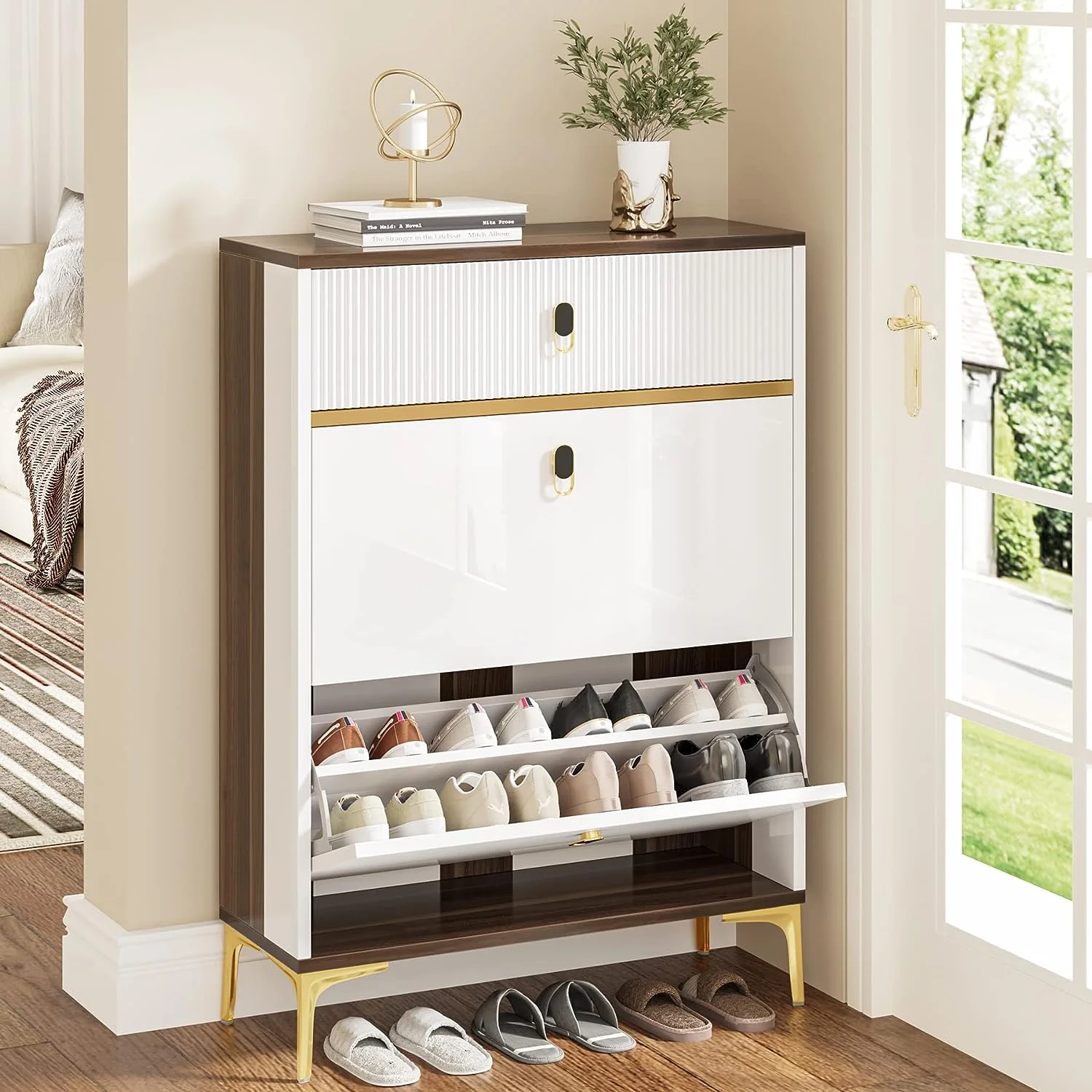Tribesigns Slim Shoe Cabinet, Entryway Organizer with Flip Drawers & Metal Legs