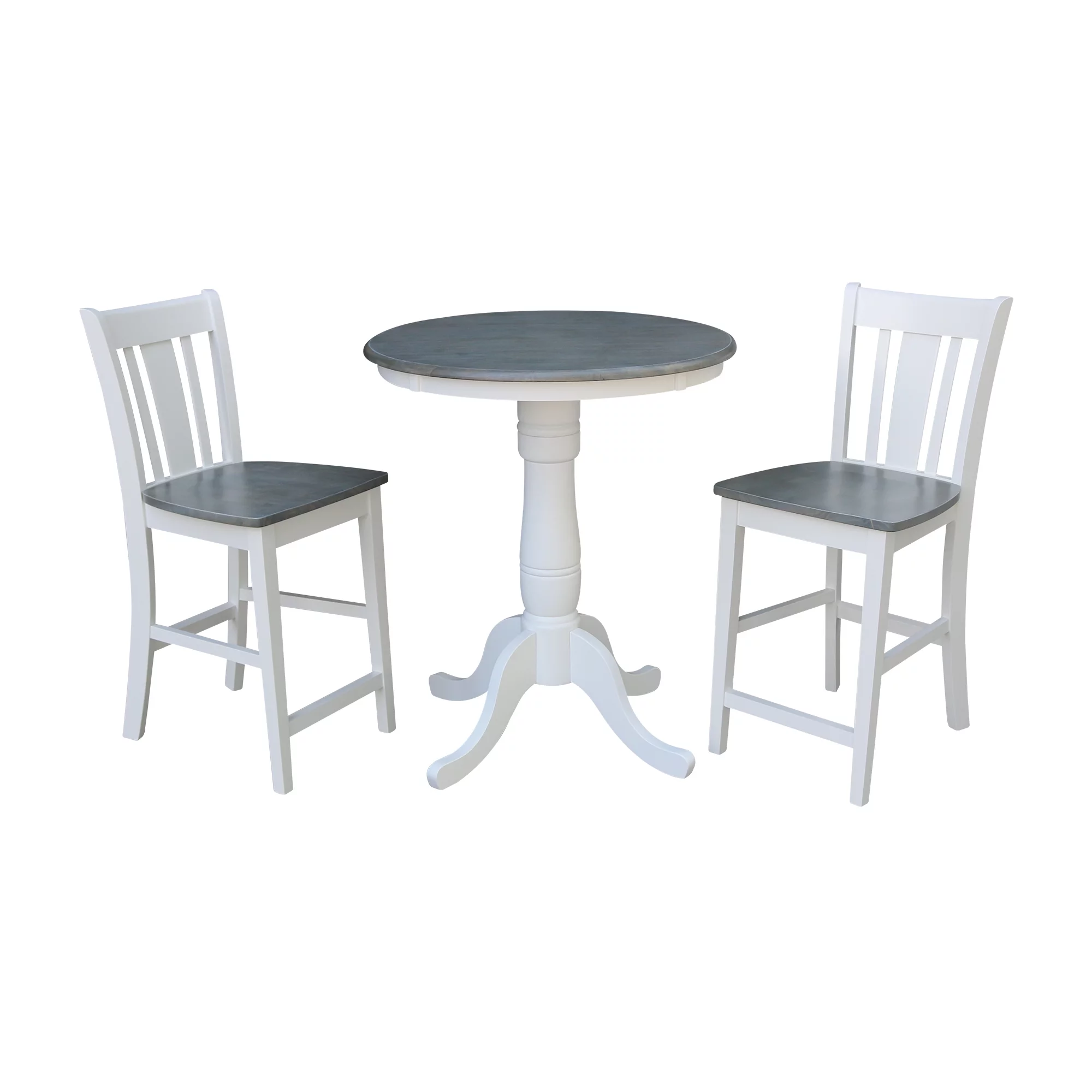 30'' Round Solid Wood Counter Height Pedestal Dining Table with 2 San Remo Splat Back Counter Height Stools in White/Heather Gray
