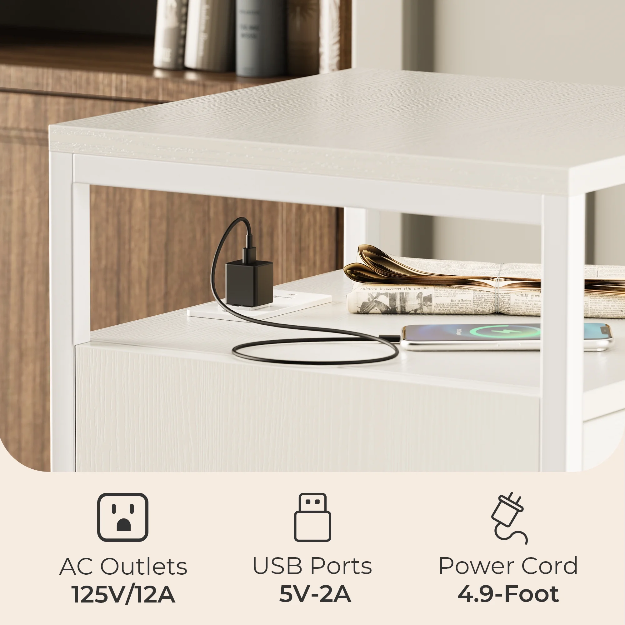 SUPERJARE File Cabinet with Lock & Charging Station, Mobile File Cabinet with 2 Drawers, Rolling Filing Cabinet with Wheels, Office File Cabinet, A4/Letter Size Files Under Desk, White