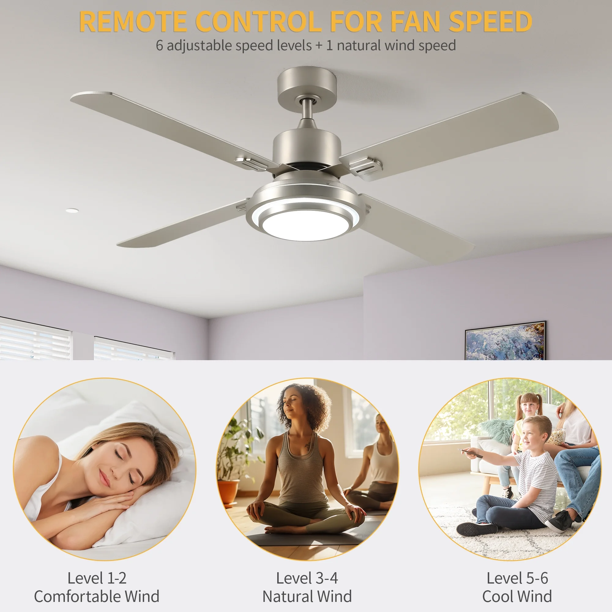Dextrus 4-Blade Contemporary 52'' Ceiling Fan with Light and Remote Control, Brushed Nickel Finish, Reversible Blades, Perfect for Farmhouse Living Room and Bedroom Decor
