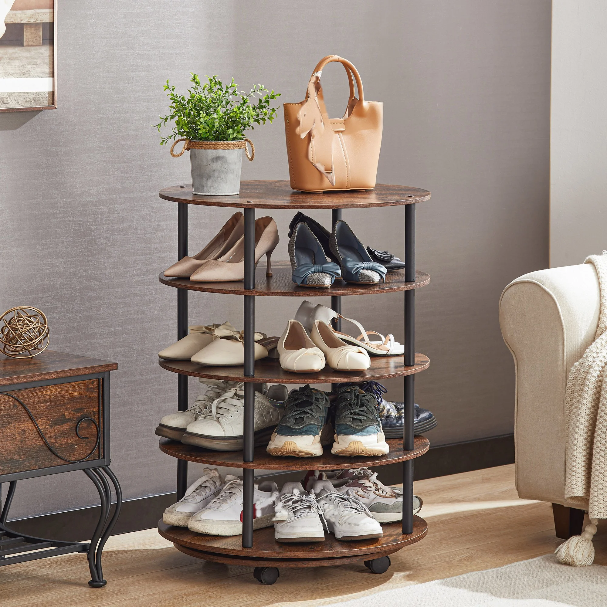 IbayNawi Wooden Rotating Shoe Rack Tower,4-Tier Round Revolving Shoe Rack with Wheels,for Living Room,Porch,Cloakroom,Malls and Shoe Stores