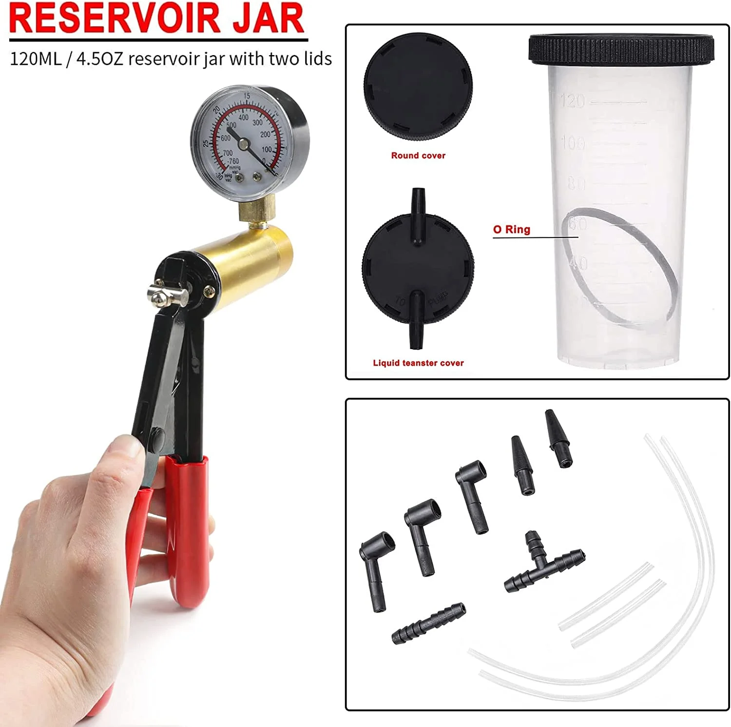 Hand Held Vacuum Pump Tester kit for Automotive with Sponge Protected Case,Adapters,One-Man Brake and Clutch Bleeding System