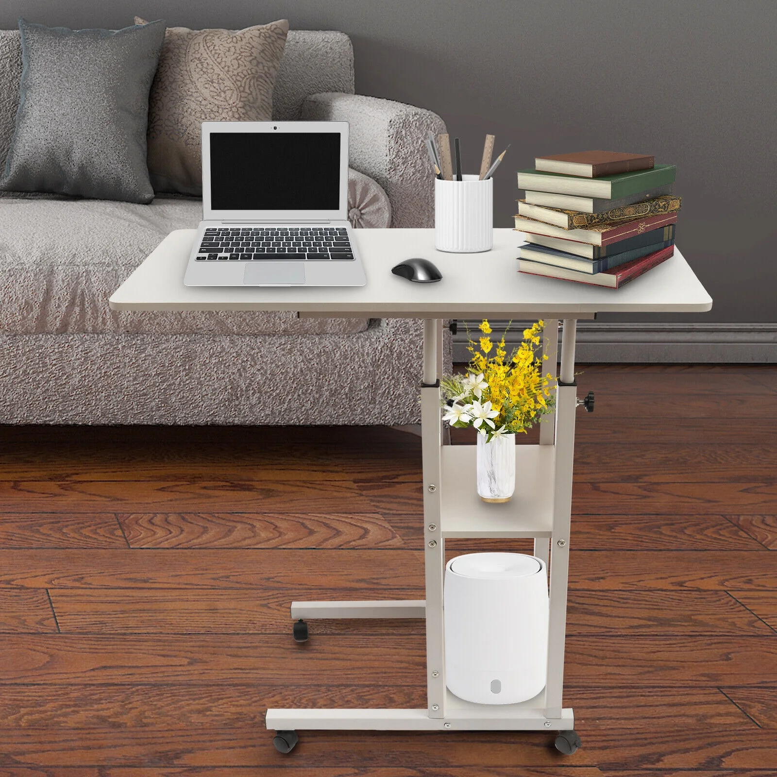 C Shaped Height Adjustable Chair Side Table TV Tray Laptop Desk Sofa Bed W/Wheel