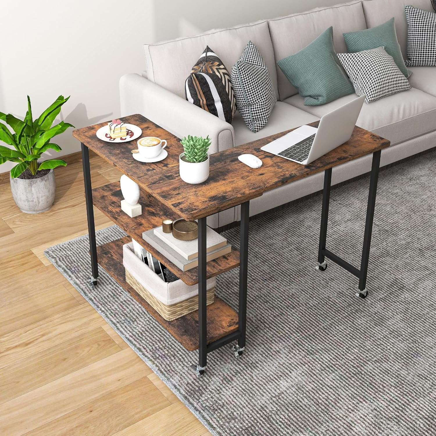 STVJB ° Free Rotating Sofa   Mobile L-Shaped Laptop Desk with Sturdy Metal Frame  6 Universal Casters  Movable Couch Snack Table with 2-Tier   for Home Office  Rustic Brown