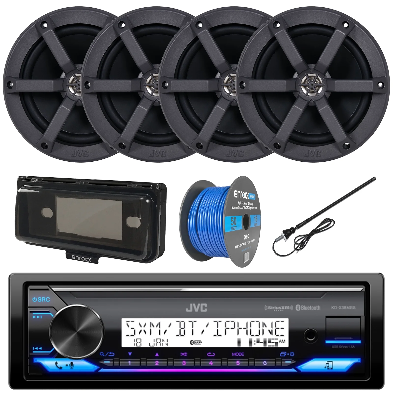 Single DIN Headunit Bluetooth Radio USB AUX AM/FM Digital Media Marine Receiver Bundle Combo with 2 Pairs (QTY 4) 6.5