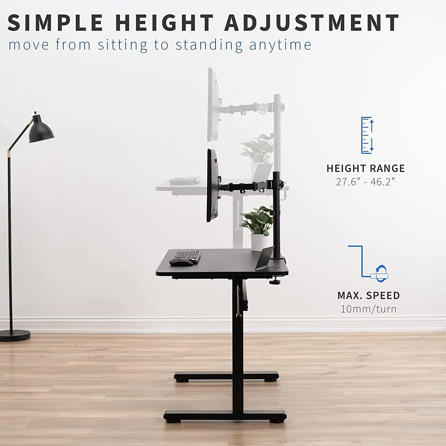 Standing Desk with Frame and Solid One-Piece Table Top, Height Adjustable, 43 x 24 inch