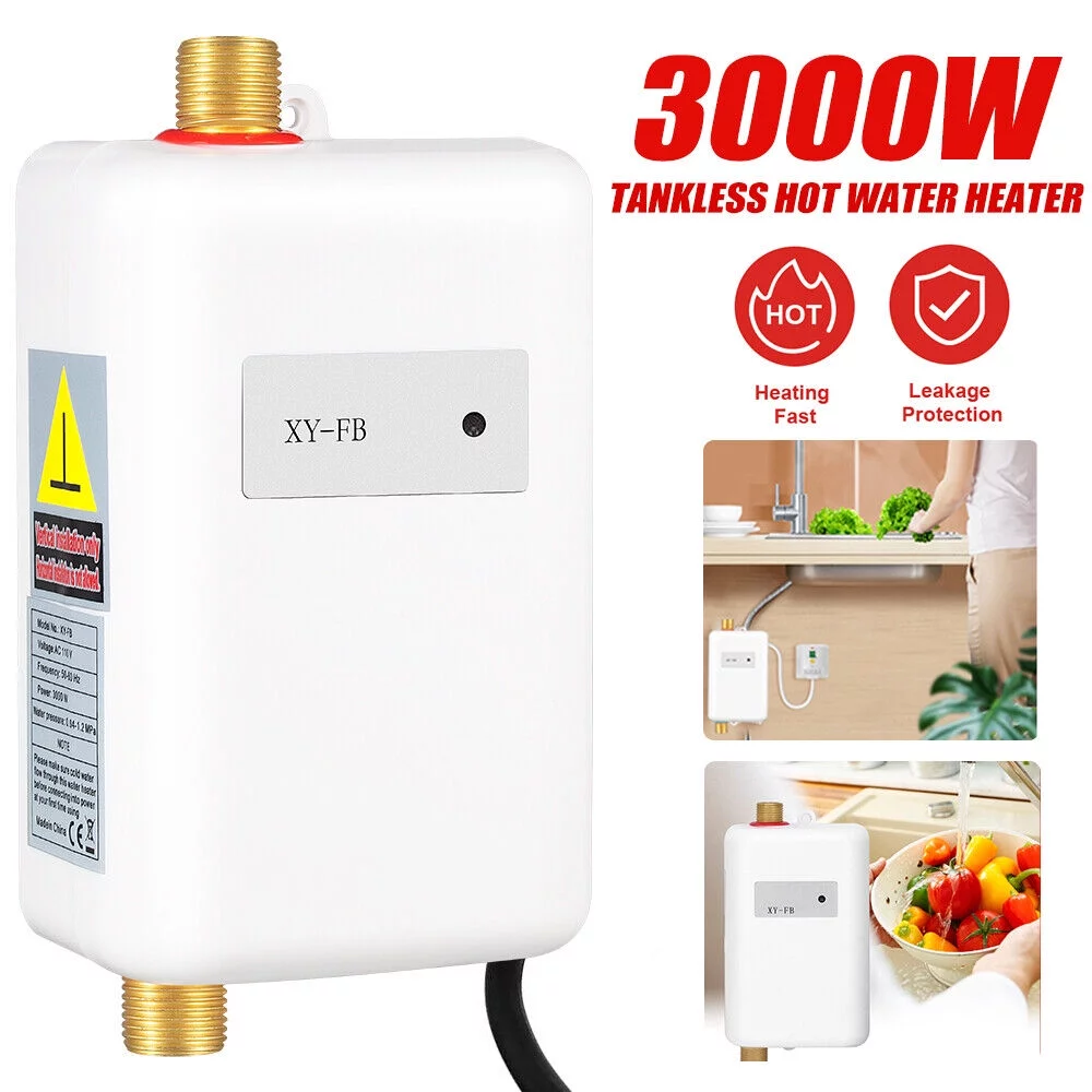 KingFurt - Kitchen Instantaneous Water Heater - High Quality ABS Material - 3000W Power - White - Leakage Protection - Adjustable Temperature