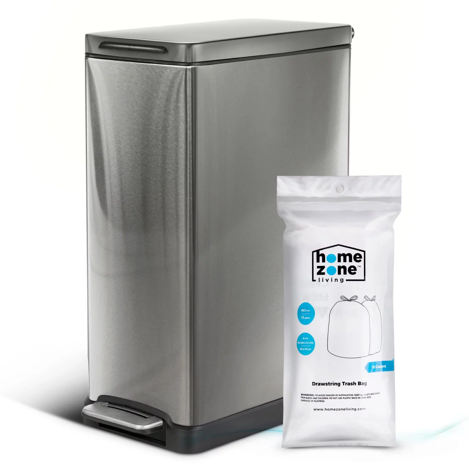 Home Zone Living 12 Gallon Slim Kitchen Trash Can, Stainless Steel, Silver