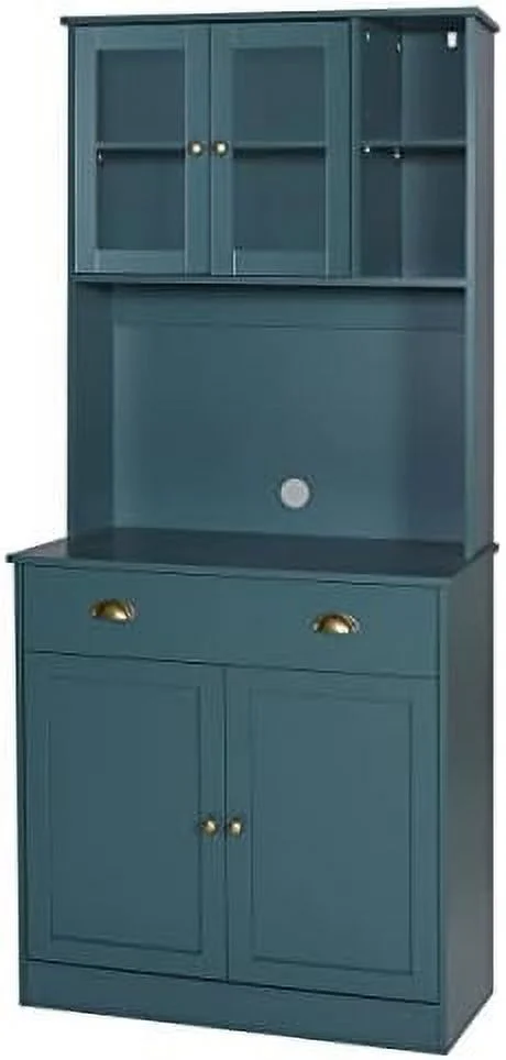 SQSFCB 72'' Kitchen Pantry Cabinet  Hutch with Microwave Stand  Freestanding Pantry Buffet Cabinet with Adjustable Shelves  Cupboard and Drawer for Home  Black