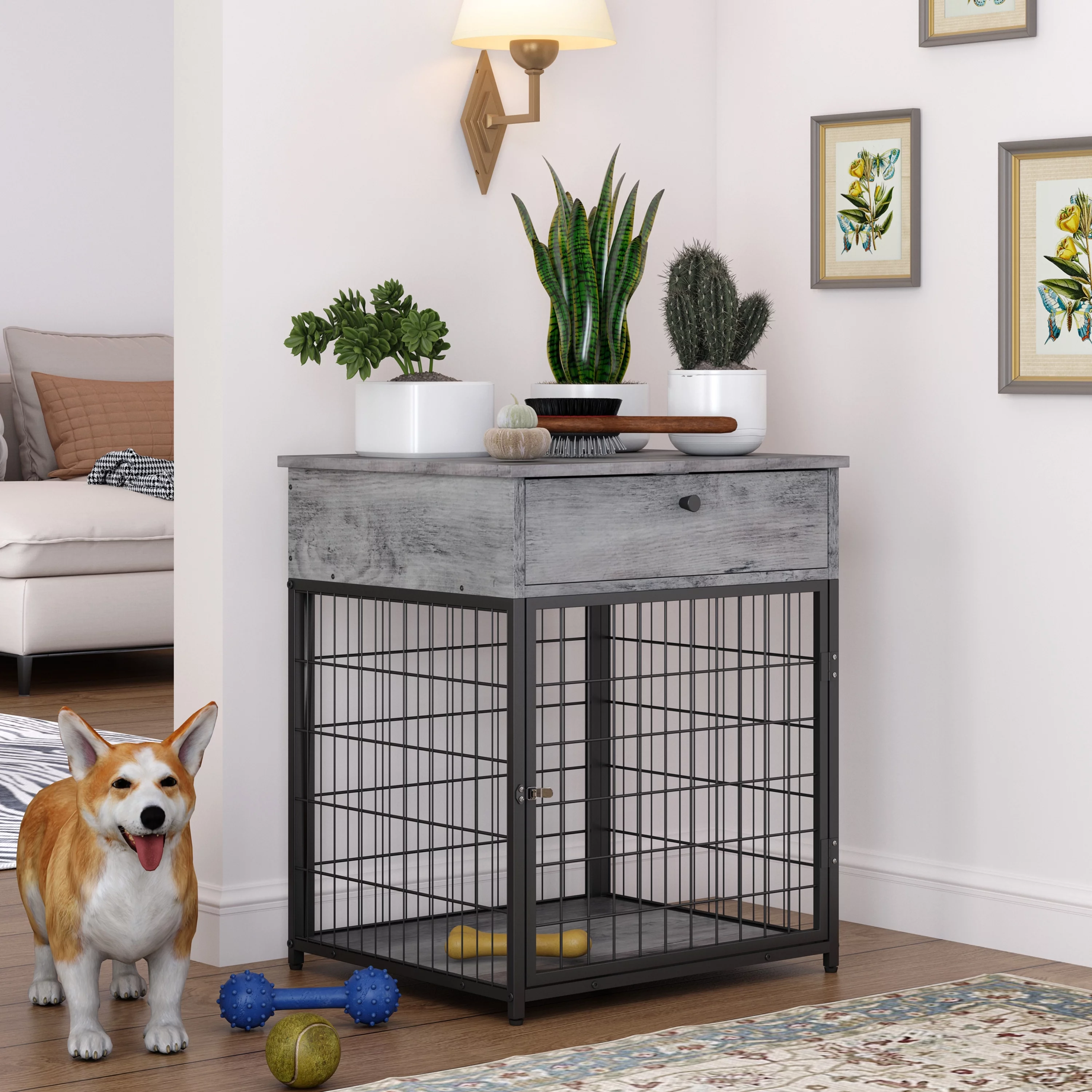 Seizeen 2-In-1 Dog Cage & End Table, Dog Crate Furniture End Table with Drawer, 20’’L Dog Cage for Small Dogs, Gray Wooden Dog Crate Kennel