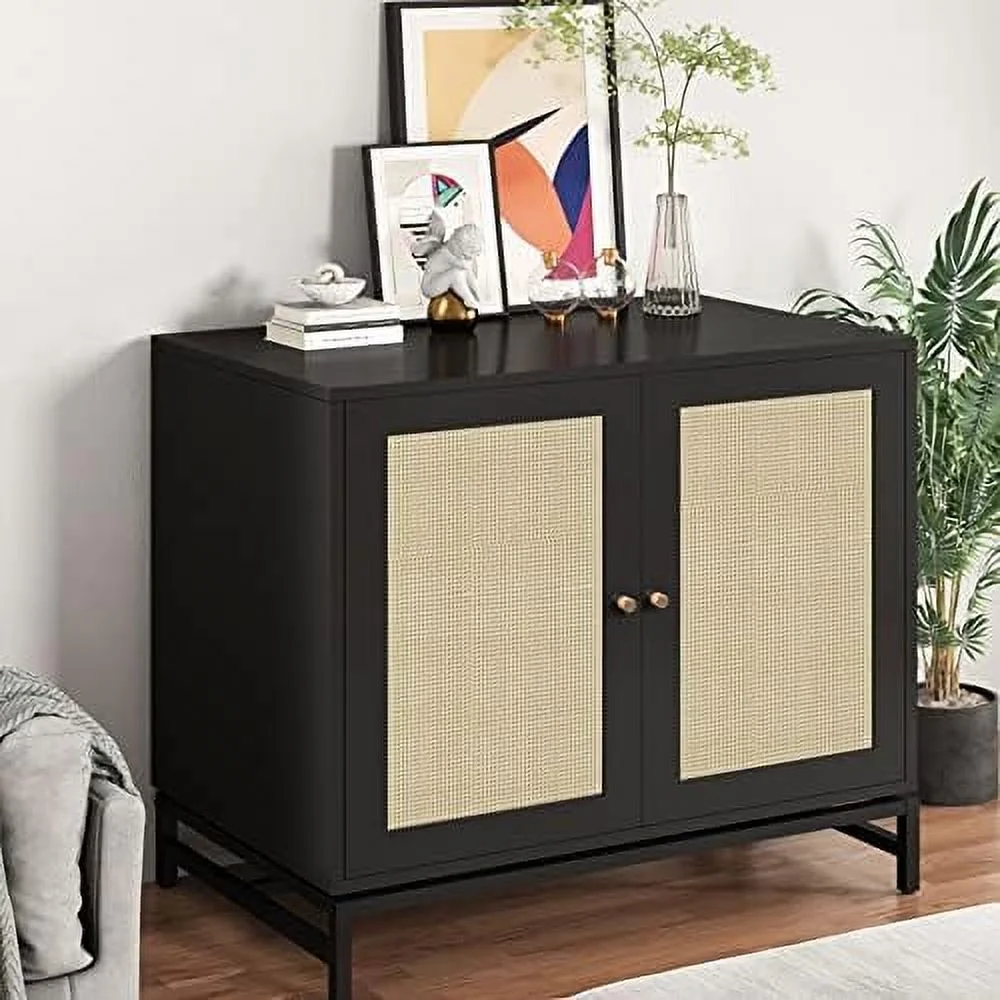 GEROBOOM Black Sideboard Buffet Cabinet with   Rattan Cabinet Accent Cabinet with 2 Doors Kitchen  Cabinet Console Table with Adjustable Shelves Entryway Cabinet for Dining Room Living Ro