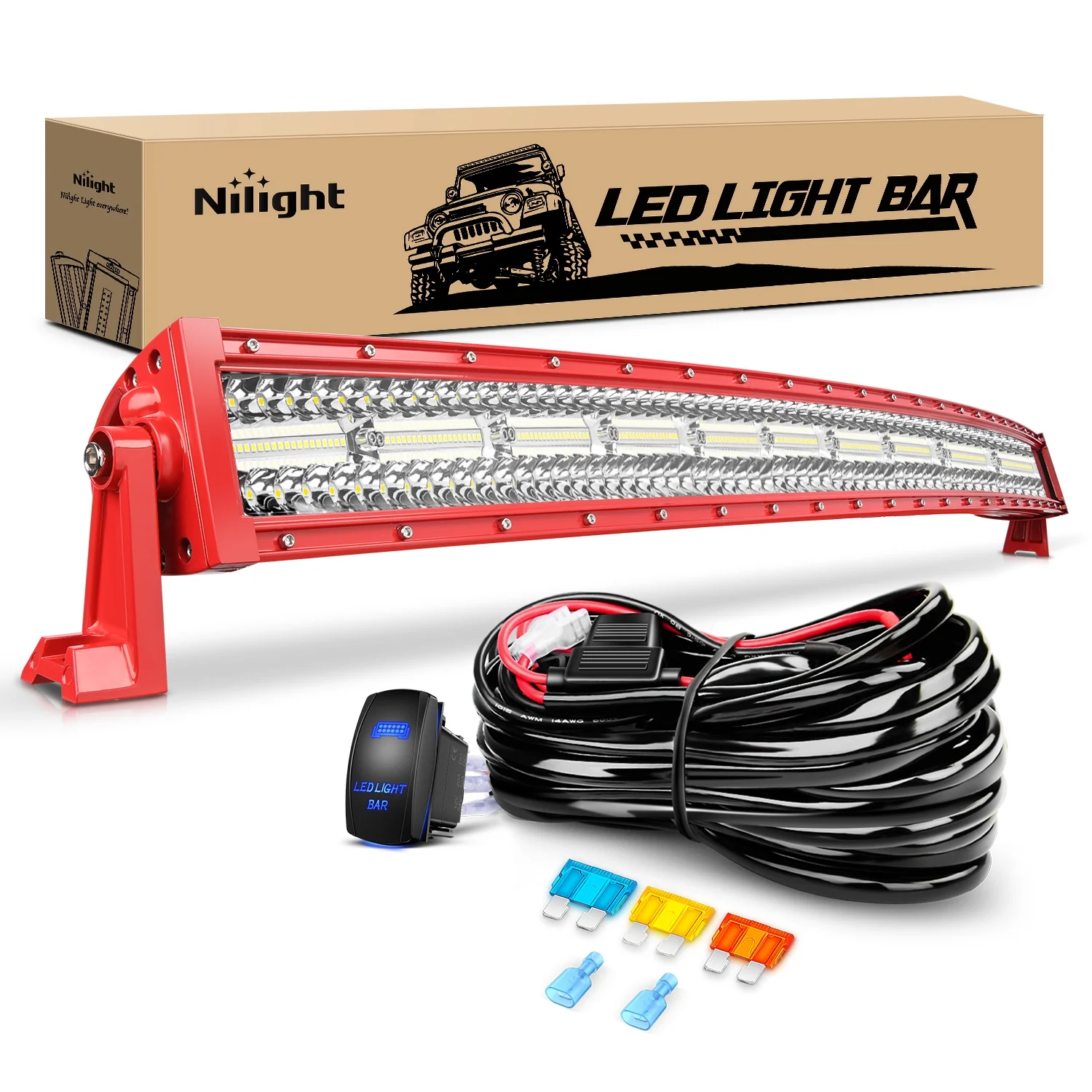 Nilight LED Light Bar 42Inch Triple Row Spot Flood Combo Lights Red Shell with Wiring Harness Kit for Fog Light Driving Light Work Light on Off-Road Truck SUV ATV UTV
