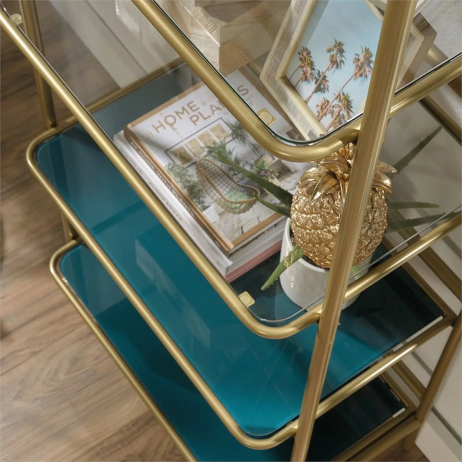 Pemberly Row 5-Shelf Modern Glass and Metal Bookcase in Gold