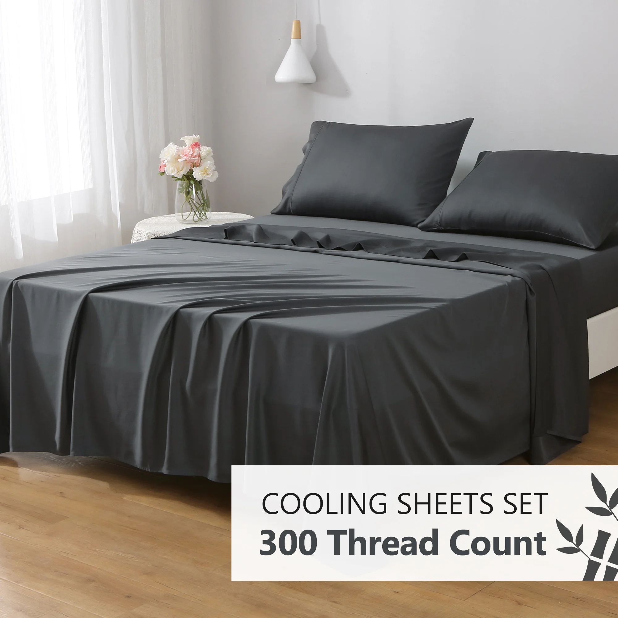 L Linen World 100% Viscose from Bamboo Sheets Set King Size,Bamboo Cooling Bed Sheet 4 Pieces Deep Pocket Sheet,Silky Soft,Breathable(Shadow Grey,King)