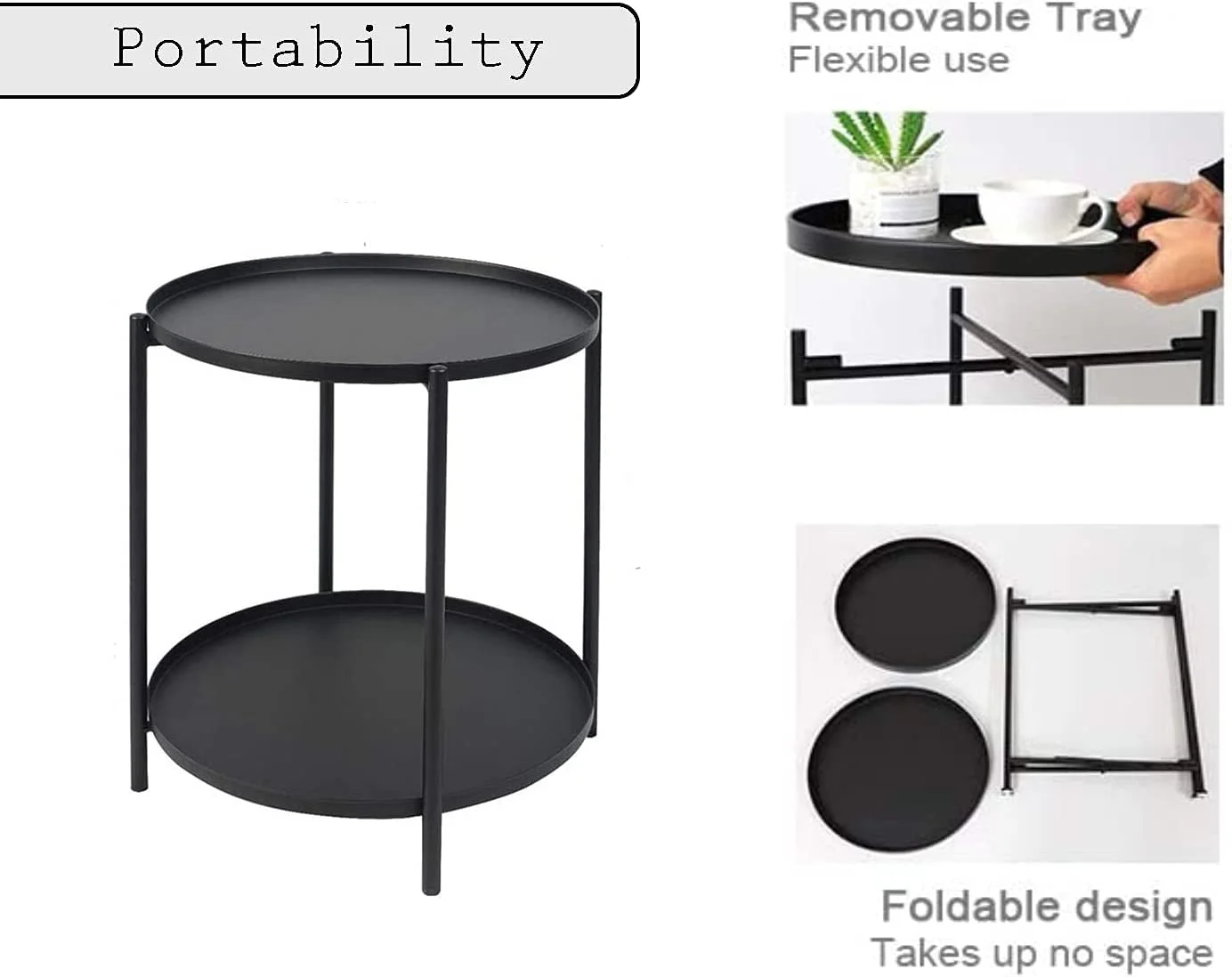 JYHOME Metal  End Table Coffee Table  2-Tier Round Outdoor Table Anti Rust Waterproof  Indoor Table for Living Room (Black)