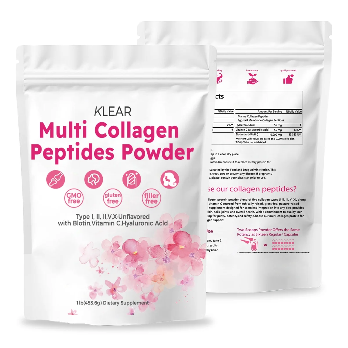 Multi Collagen Peptides Powder,  1 LB- Hydrolyzed Protein Peptides | Type I,II,III,V,X with Hyaluronic Acid, Biotin 10,000mcg & Vitamin C - Unflavored