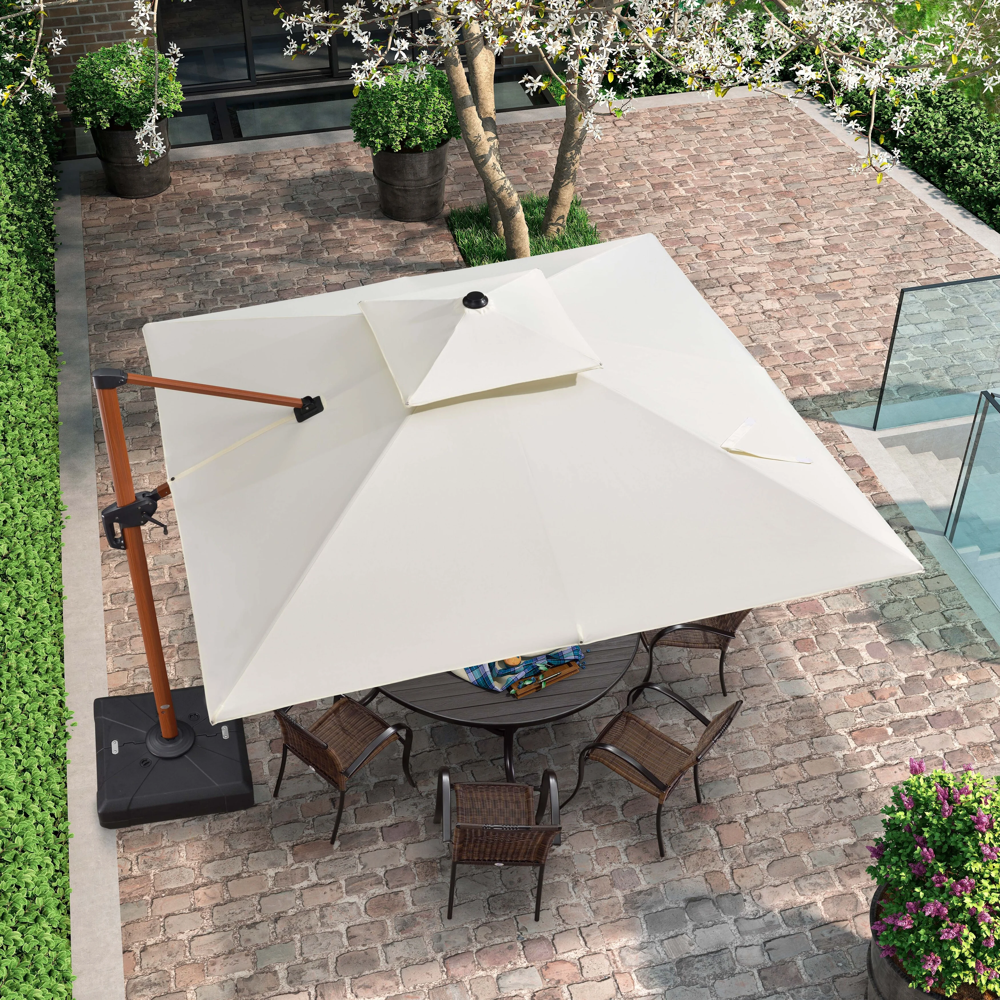 PURPLE LEAF  10ft Square Wood Pattern Patio Cantilever Umbrella Cream