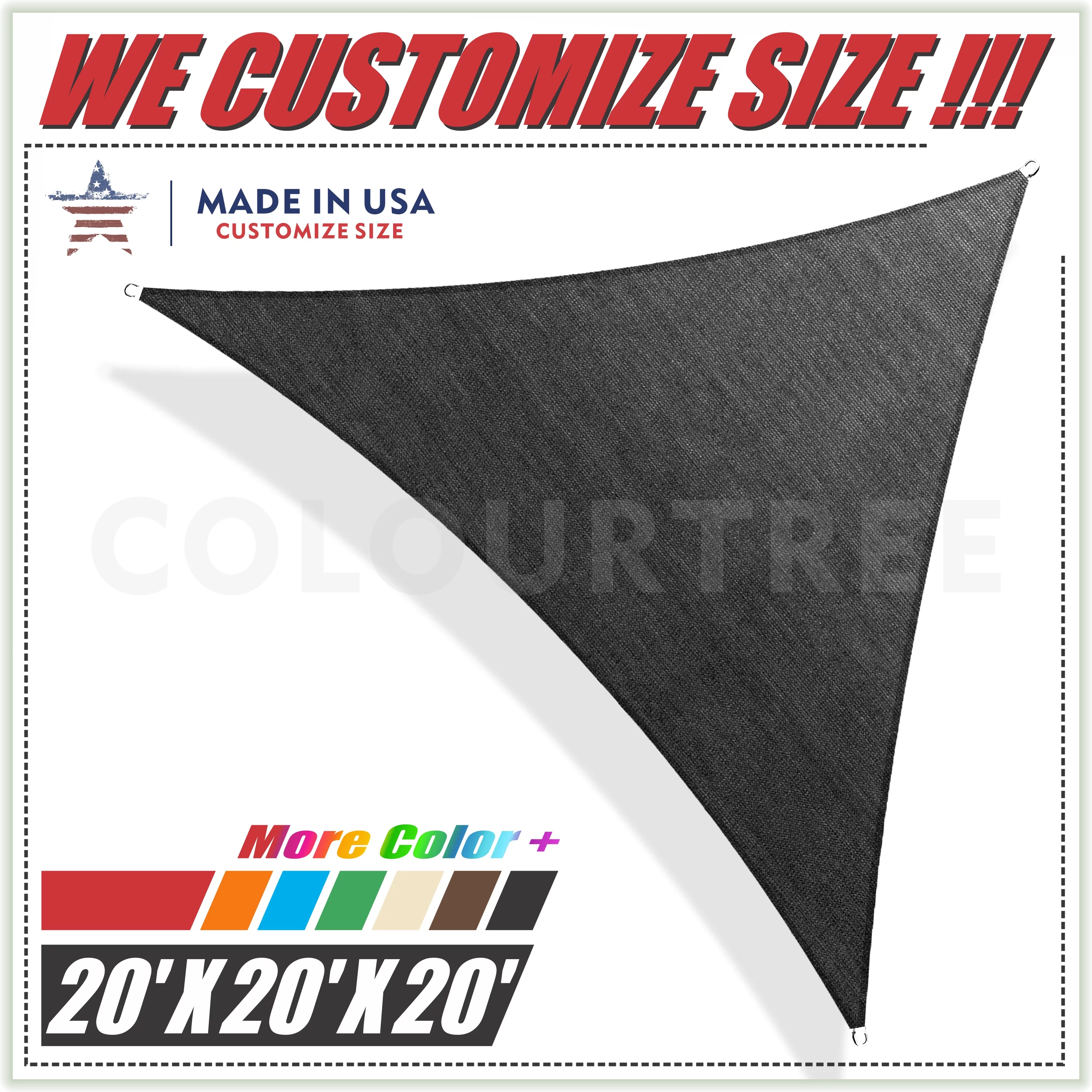 ColourTree 20' x 20' x 20' Black Sun Shade Sail Canopy  Triangle - Commercial Standard Heavy Duty - 190 GSM - 3 Years Warranty