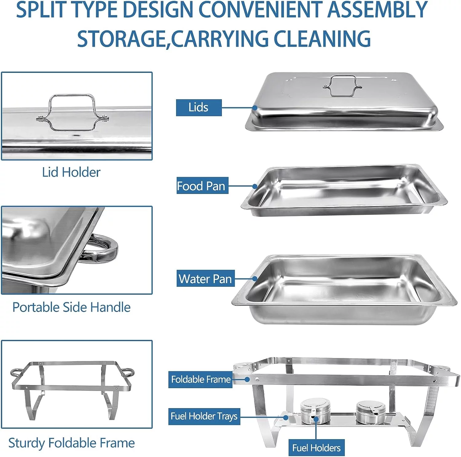 JSTUOKE Chafing Dish 6 Packs 9L/8QT Stainless Steel Chafer Full Size Rectangular Chafers for Catering Buffet Warmer Set with Folding Frame
