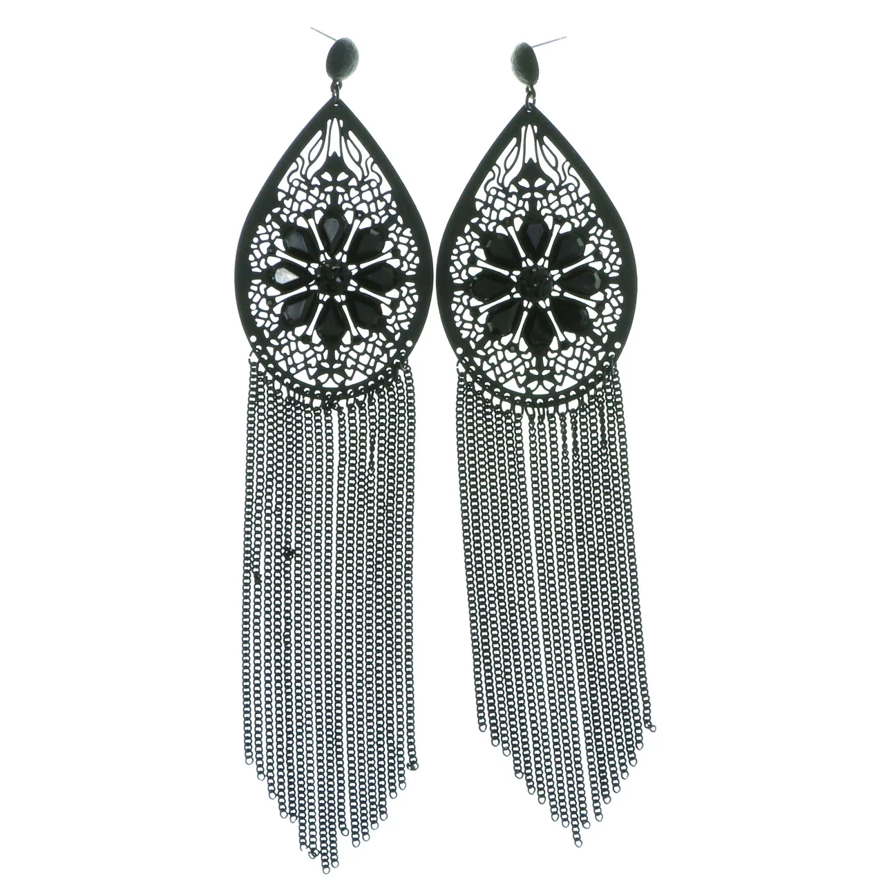 Large Black Dangle Earrings With Black Crystal & Tassel Accents
