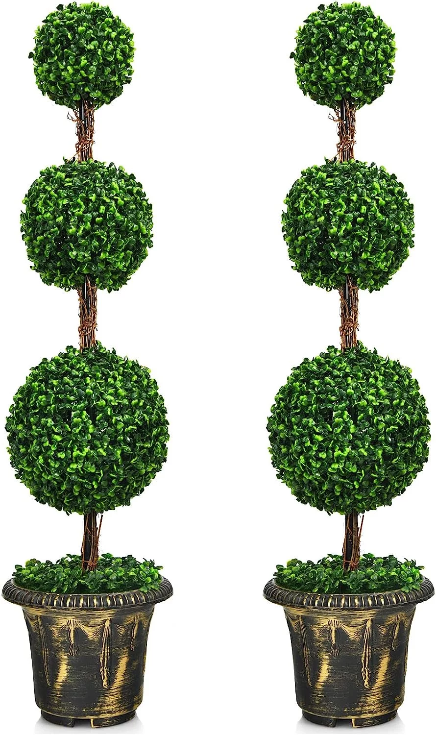 4 Ft 2 Pack Artificial Boxwood Topiary Tree, Fake Greenery Plants Ball Tree, Leaves & Cement-Filled Plastic Flower Pot Decorative Trees for Home Office Indoor Outdoor
